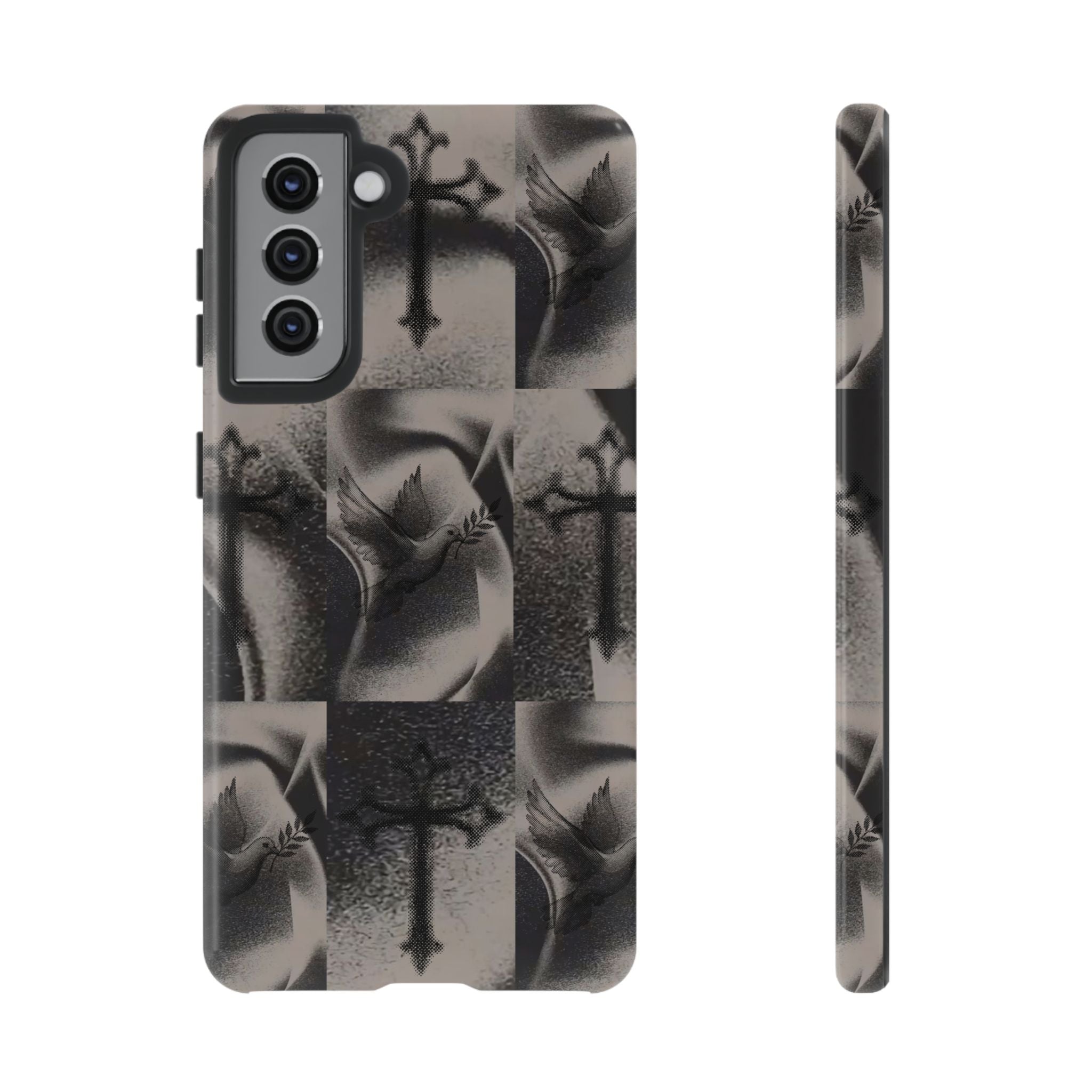 Gothic Cross & Dove Phone Case — Moody Checkerboard Protective Case