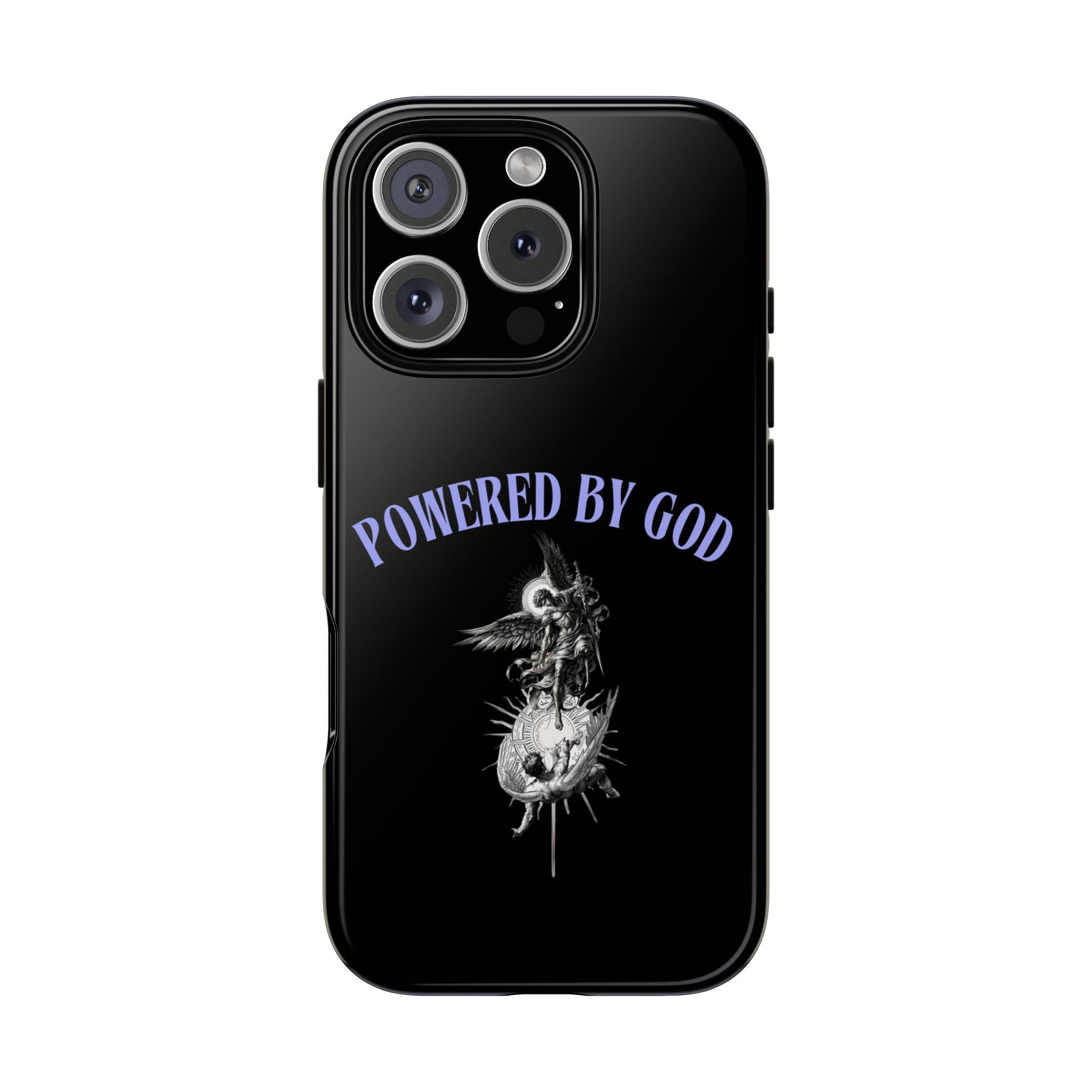 Phone Case — "Powered by God" Black Protective Case with Angelic Skull Design