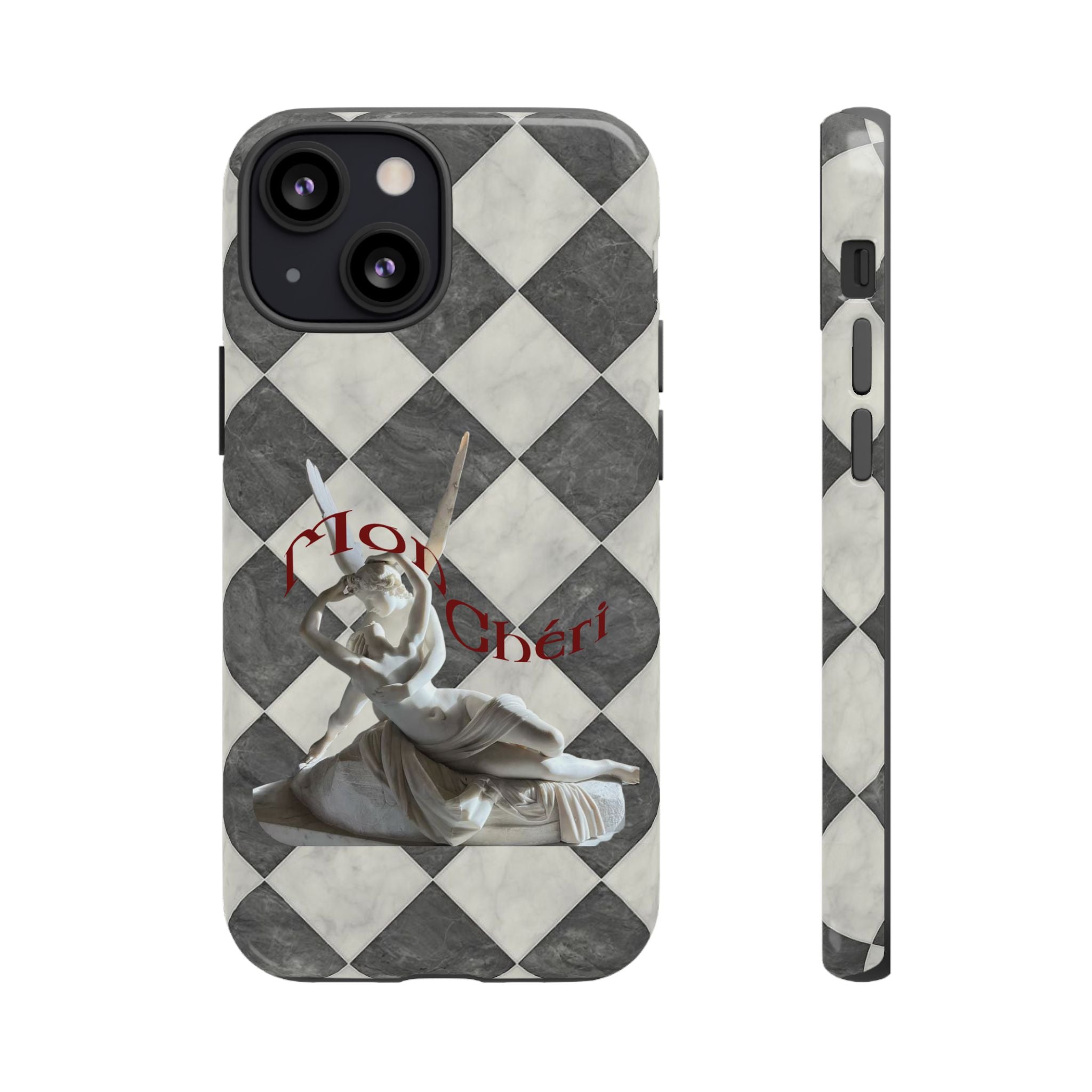 Phone Case — Vintage Harlequin Design with 'Mon Cheri' Statue Accent