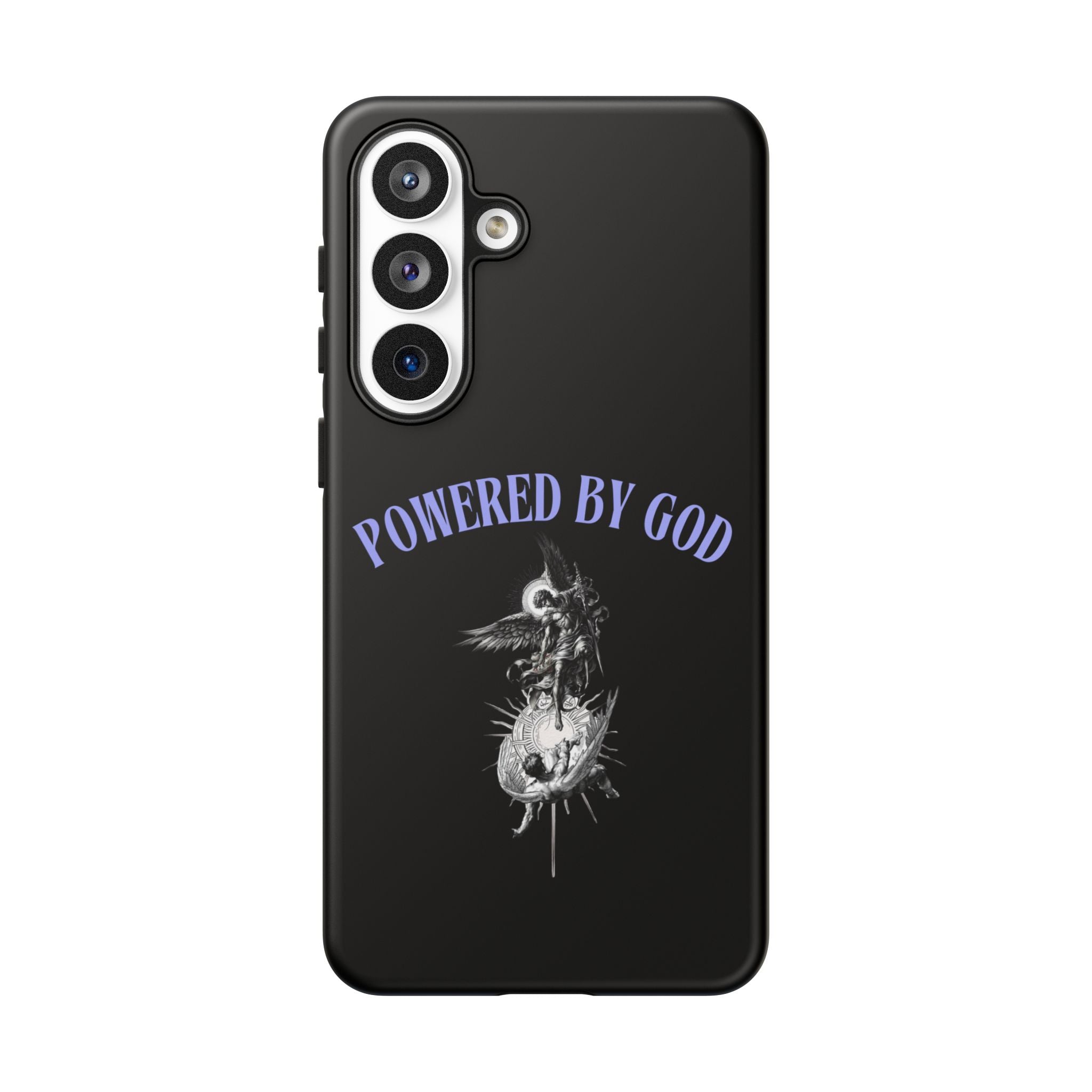 Phone Case — "Powered by God" Black Protective Case with Angelic Skull Design