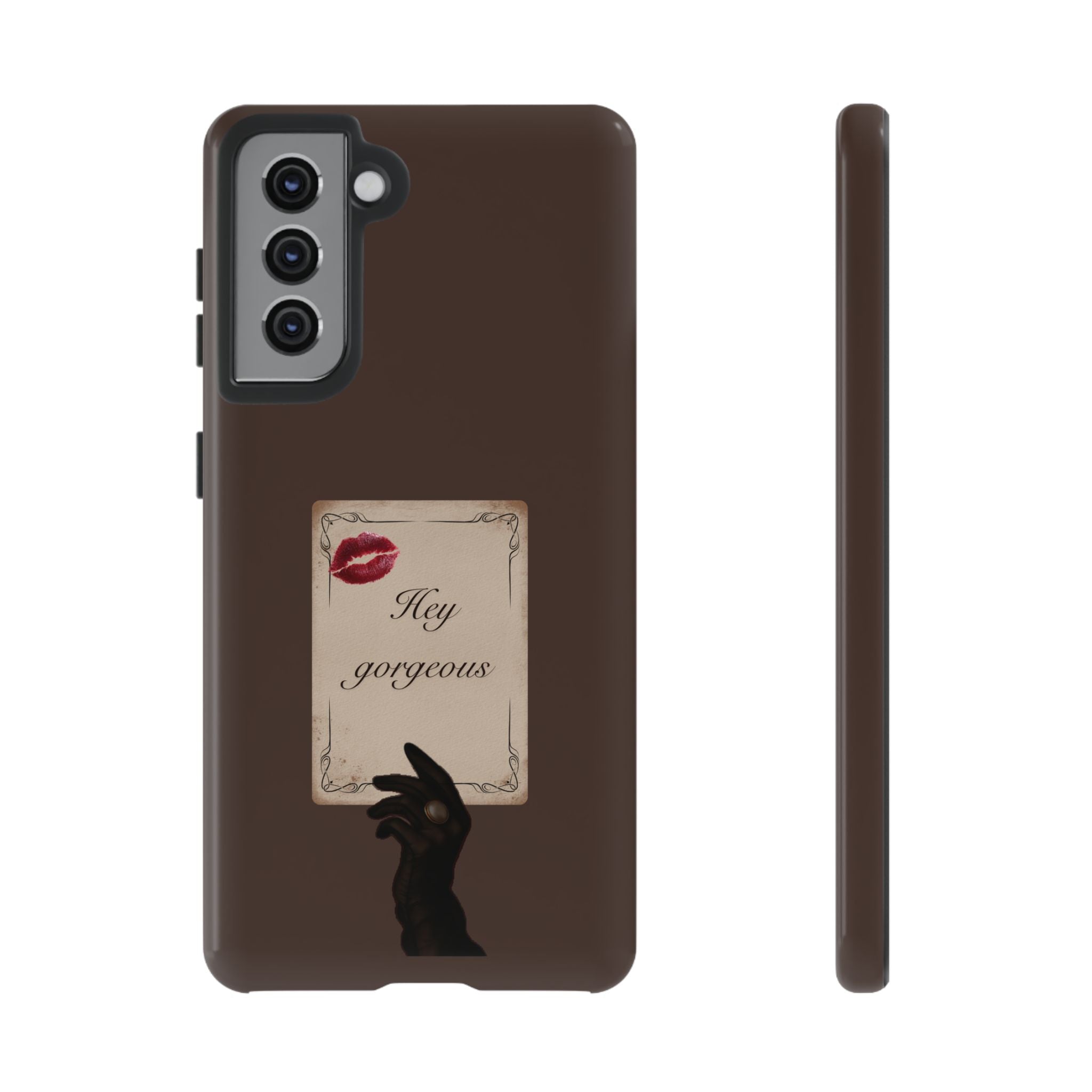 Hey Gorgeous Phone Case — Brown Lip Print & Shadow Hand Protective Cover