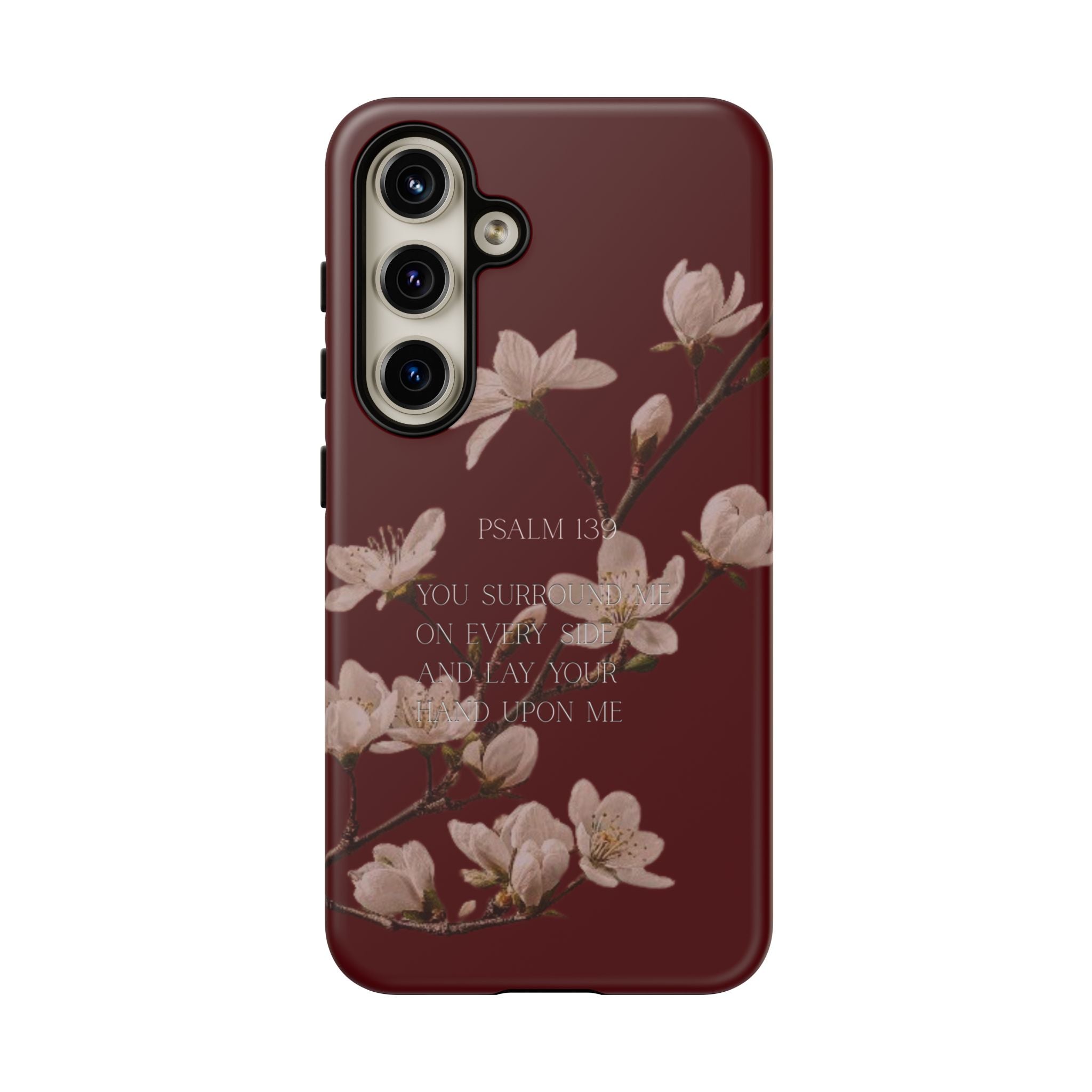 Floral Psalm Tough Phone Case — Burgundy Magnolia Branch with Psalm 139 Verse