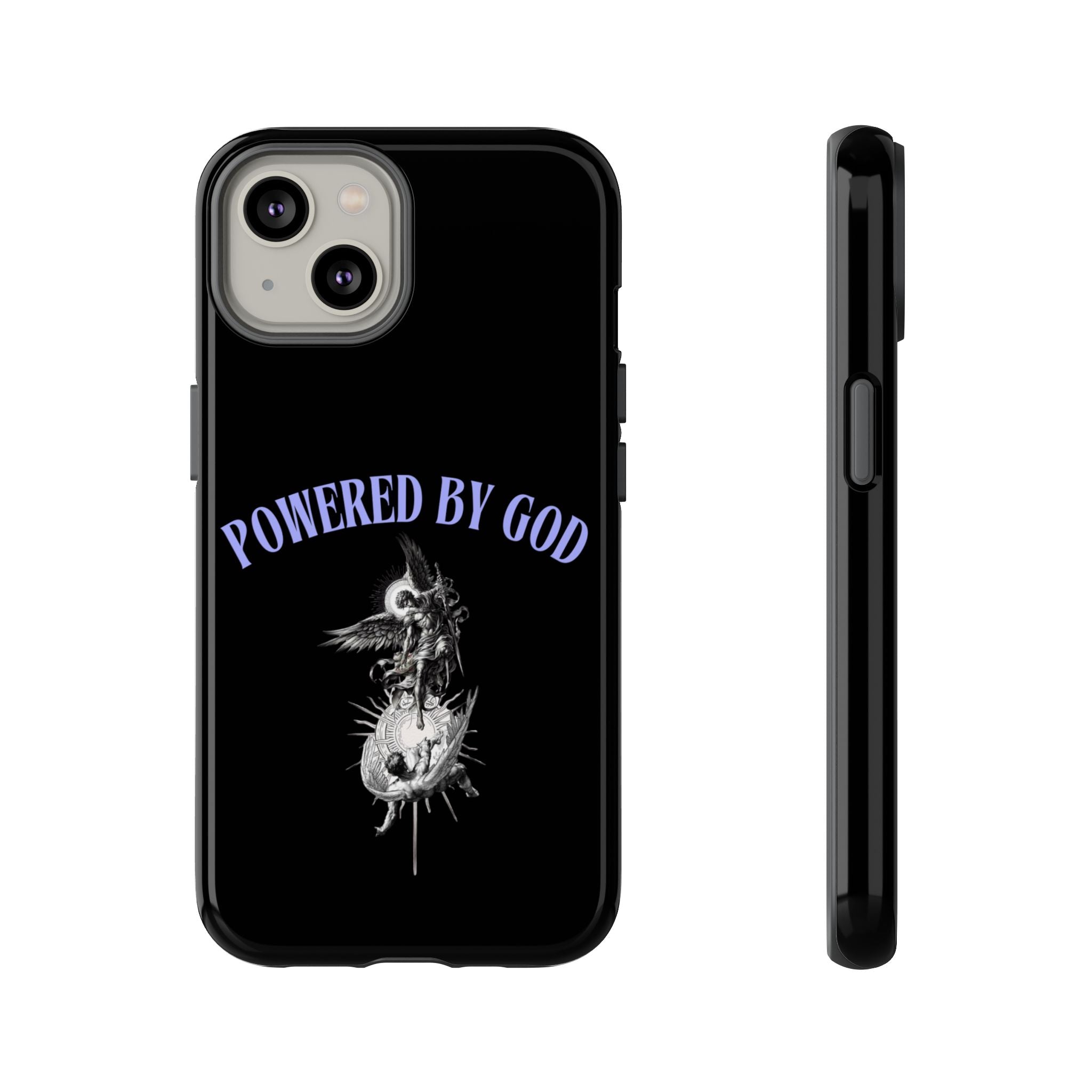 Phone Case — "Powered by God" Black Protective Case with Angelic Skull Design