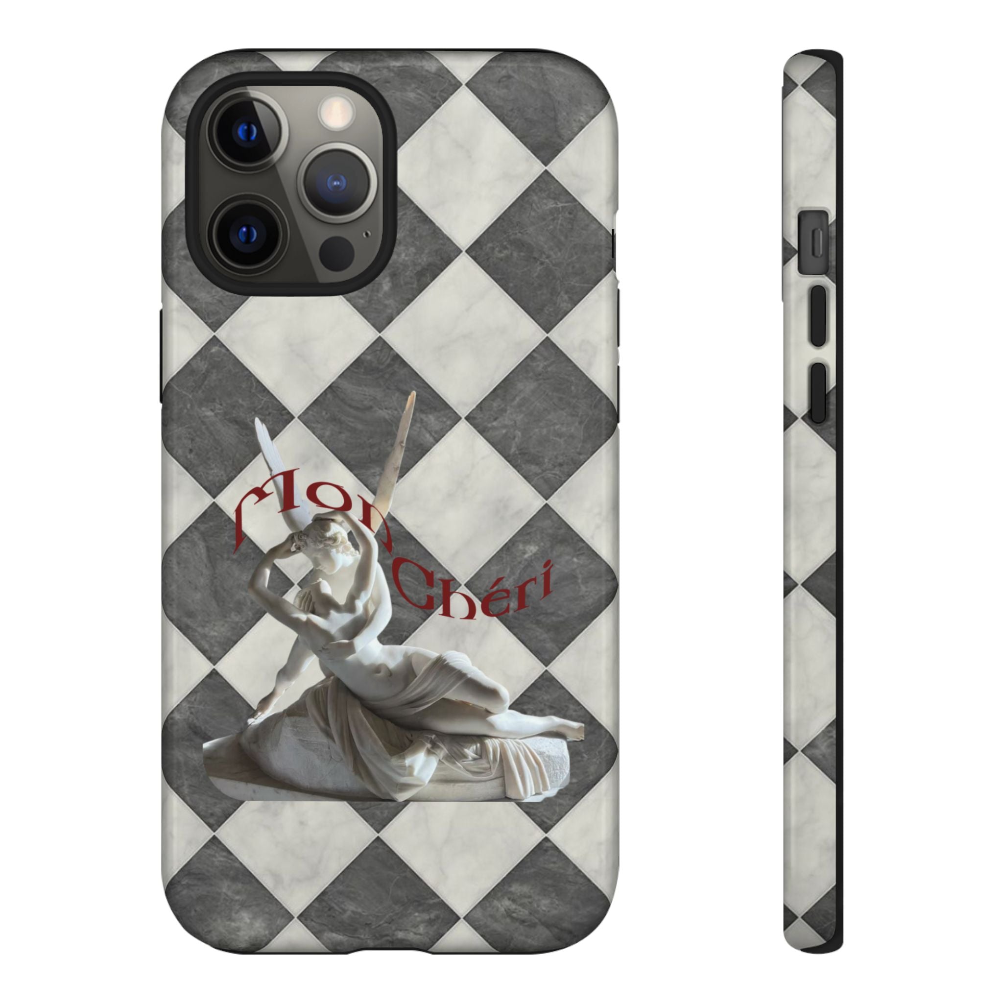 Phone Case — Vintage Harlequin Design with 'Mon Cheri' Statue Accent