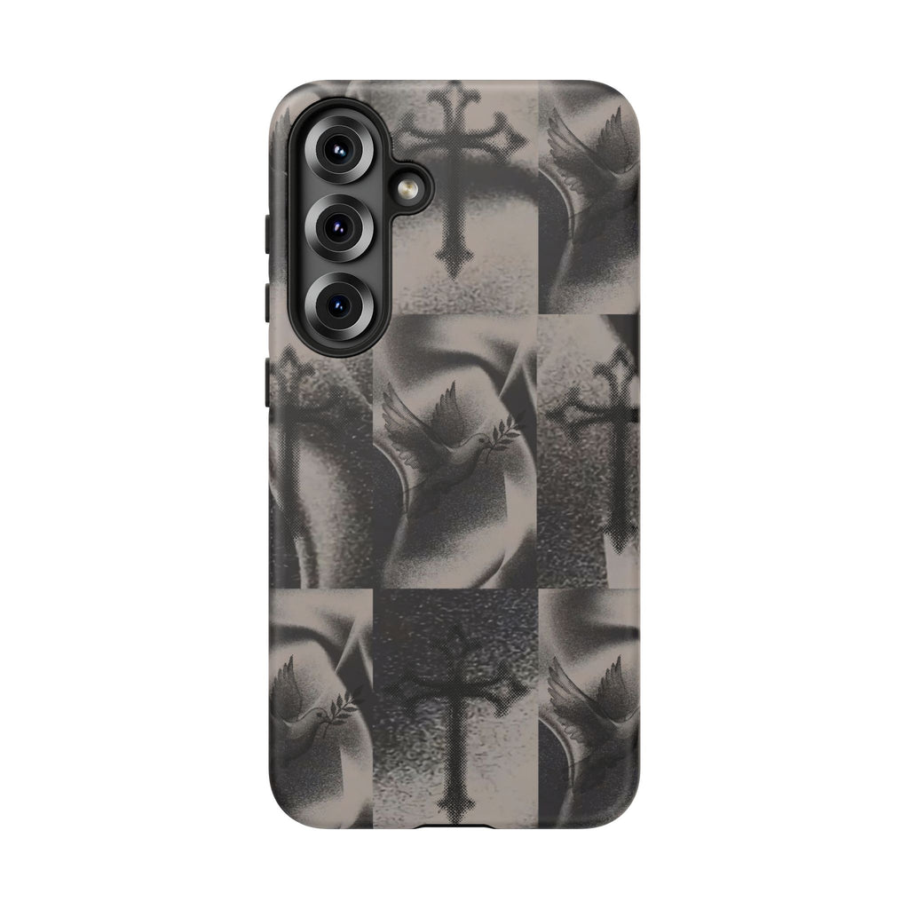 Gothic Cross & Dove Phone Case — Moody Checkerboard Protective Case