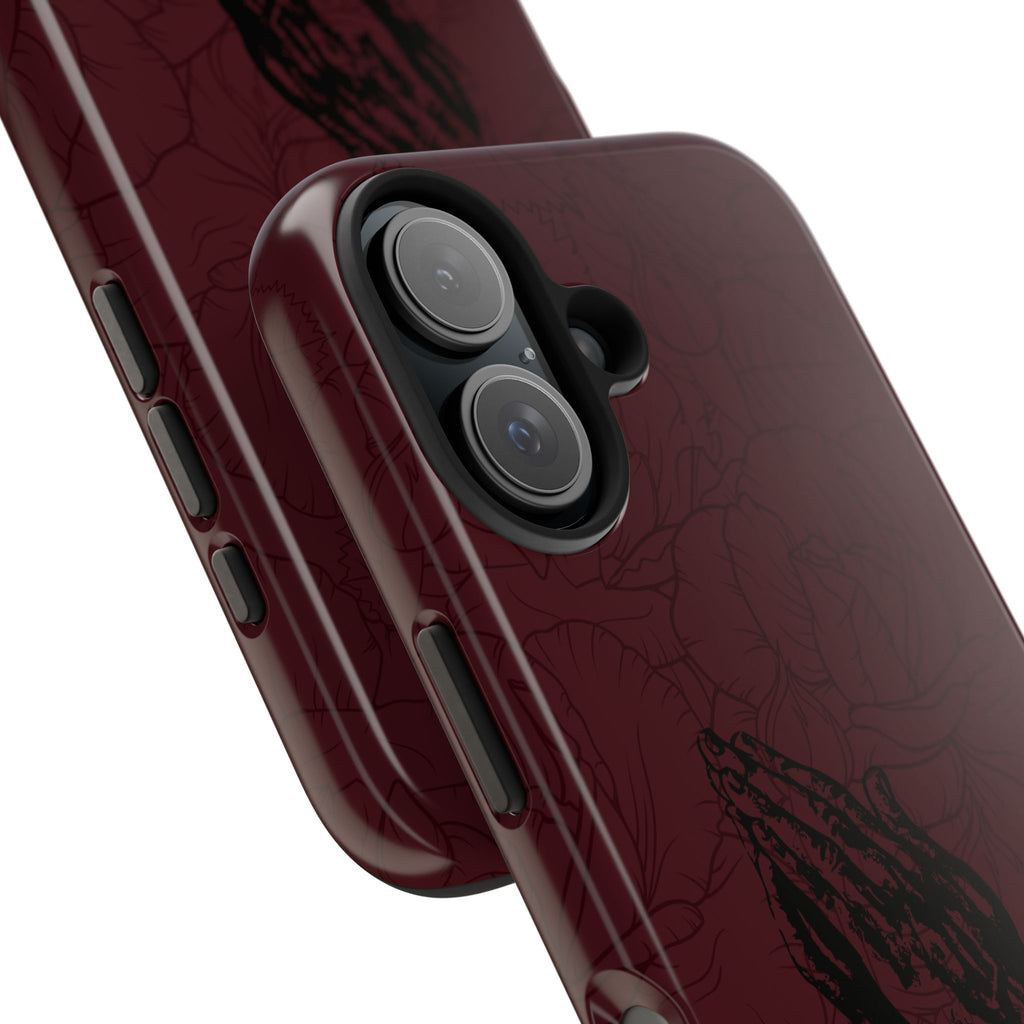 Burgundy Praying Hands Tough Phone Case – Floral Background, Religious Protective Cover