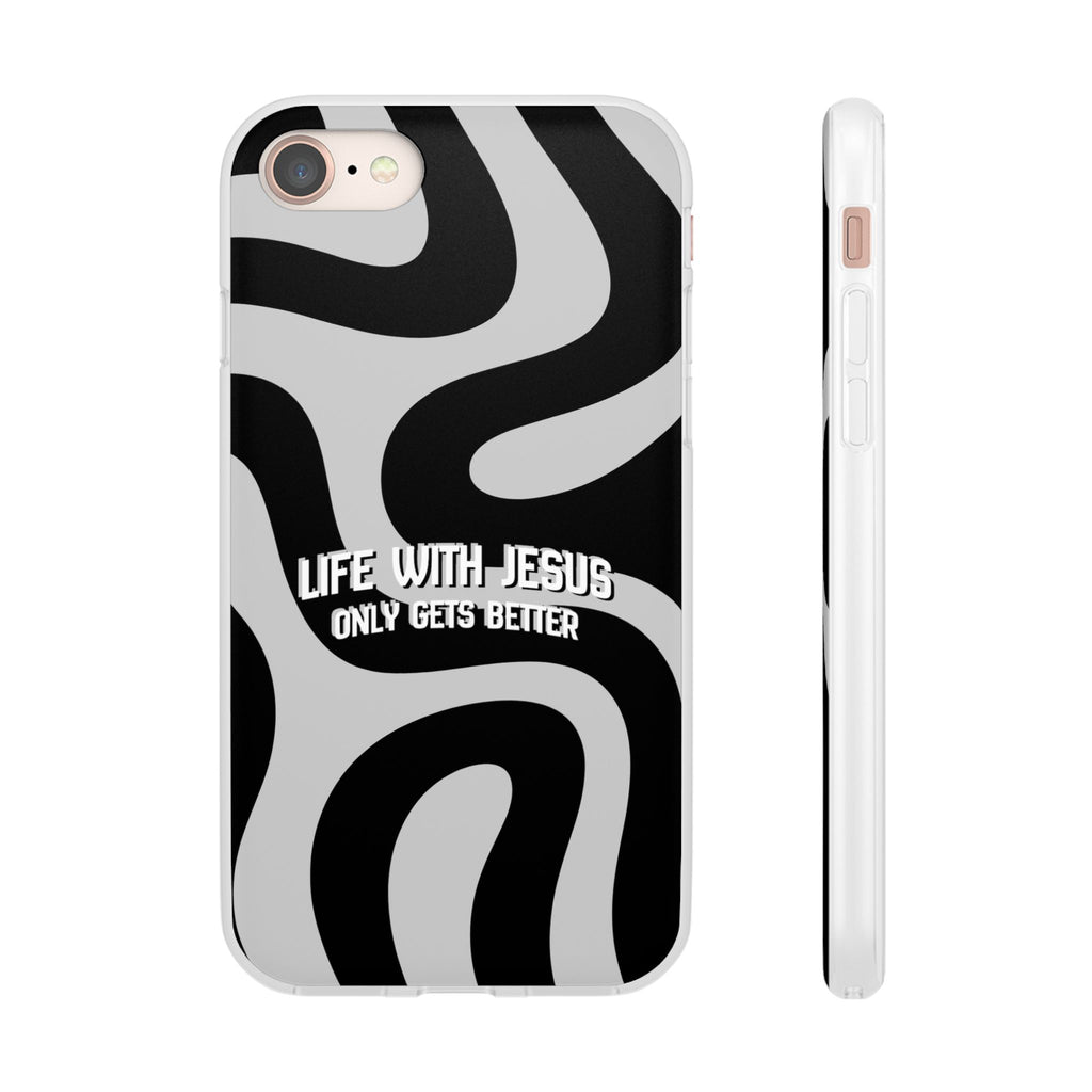 Religious Phone Case — "Life With Jesus Only Gets Better" Black & White Swirl Flexi Case