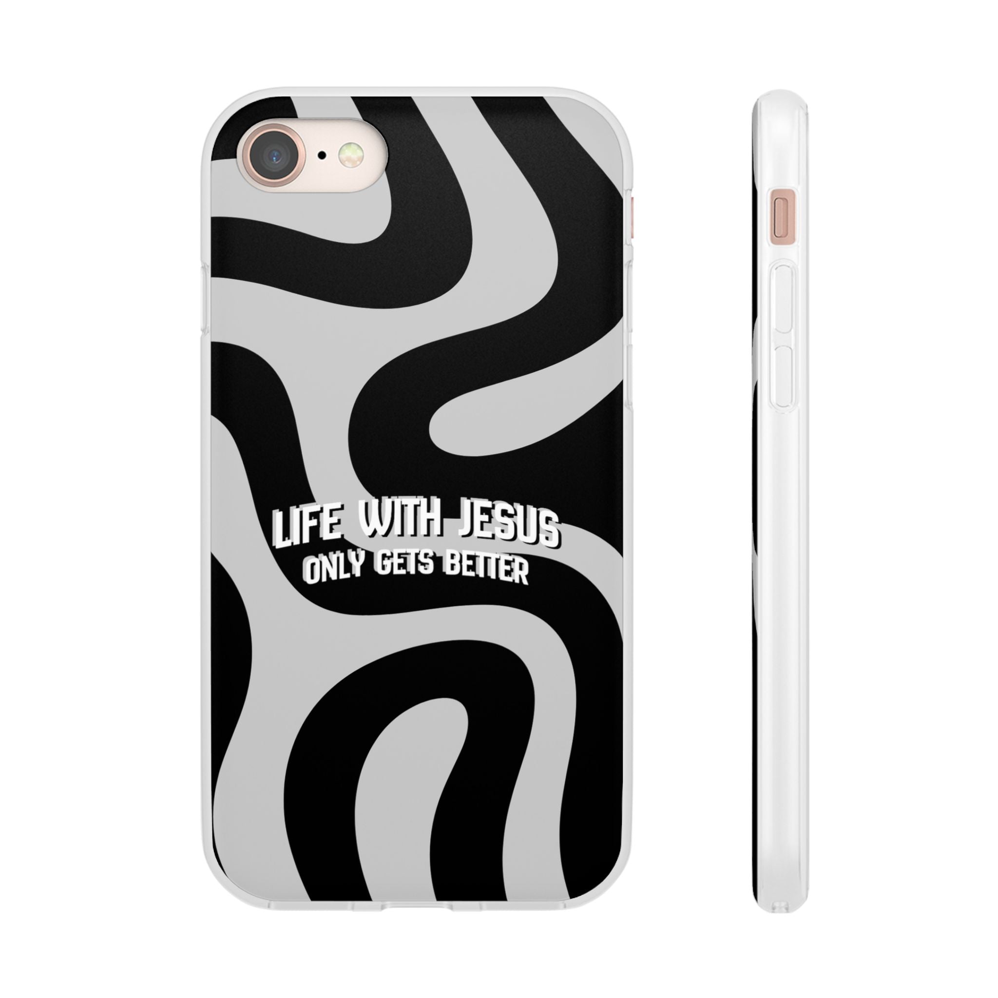 Religious Phone Case — "Life With Jesus Only Gets Better" Black & White Swirl Flexi Case