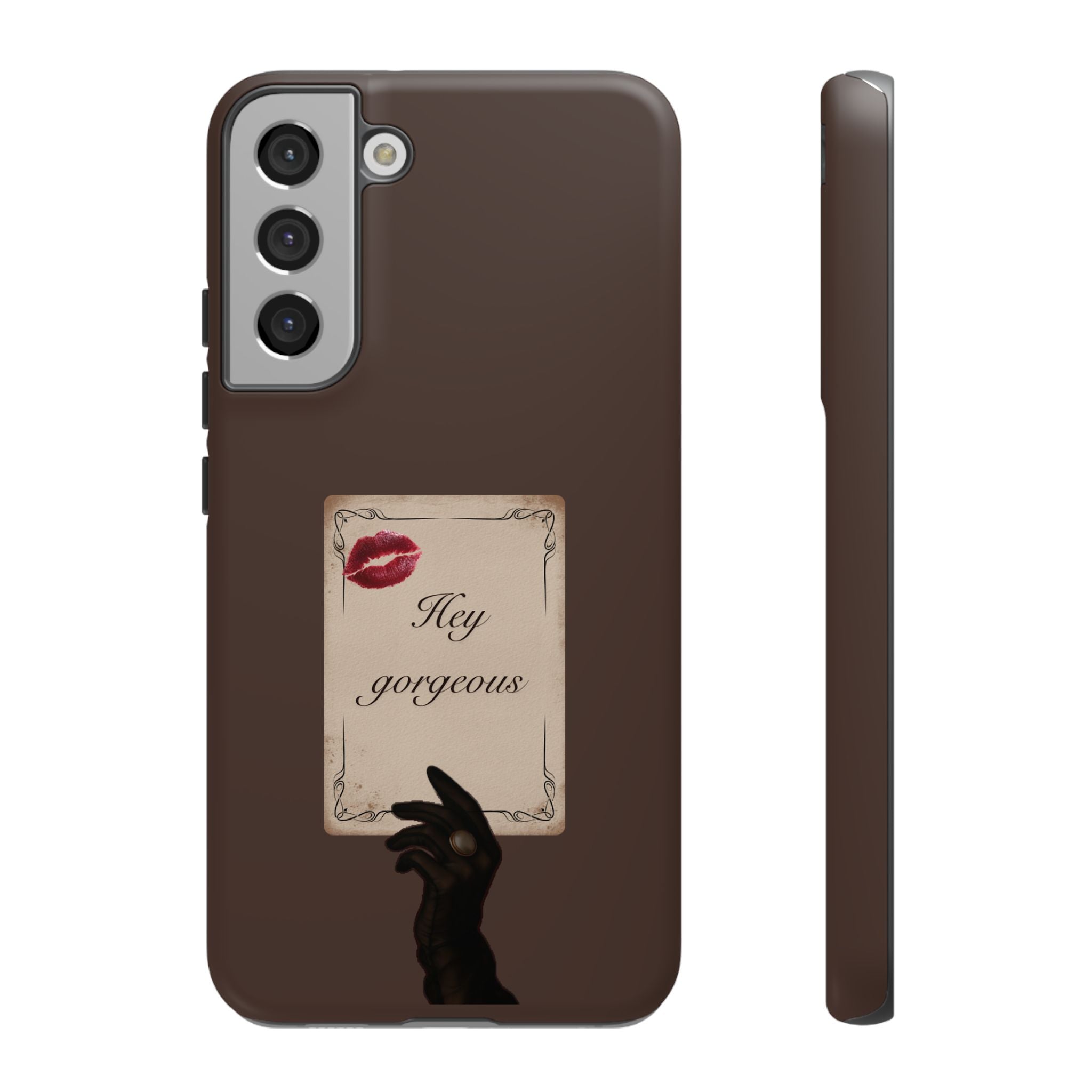 Hey Gorgeous Phone Case — Brown Lip Print & Shadow Hand Protective Cover