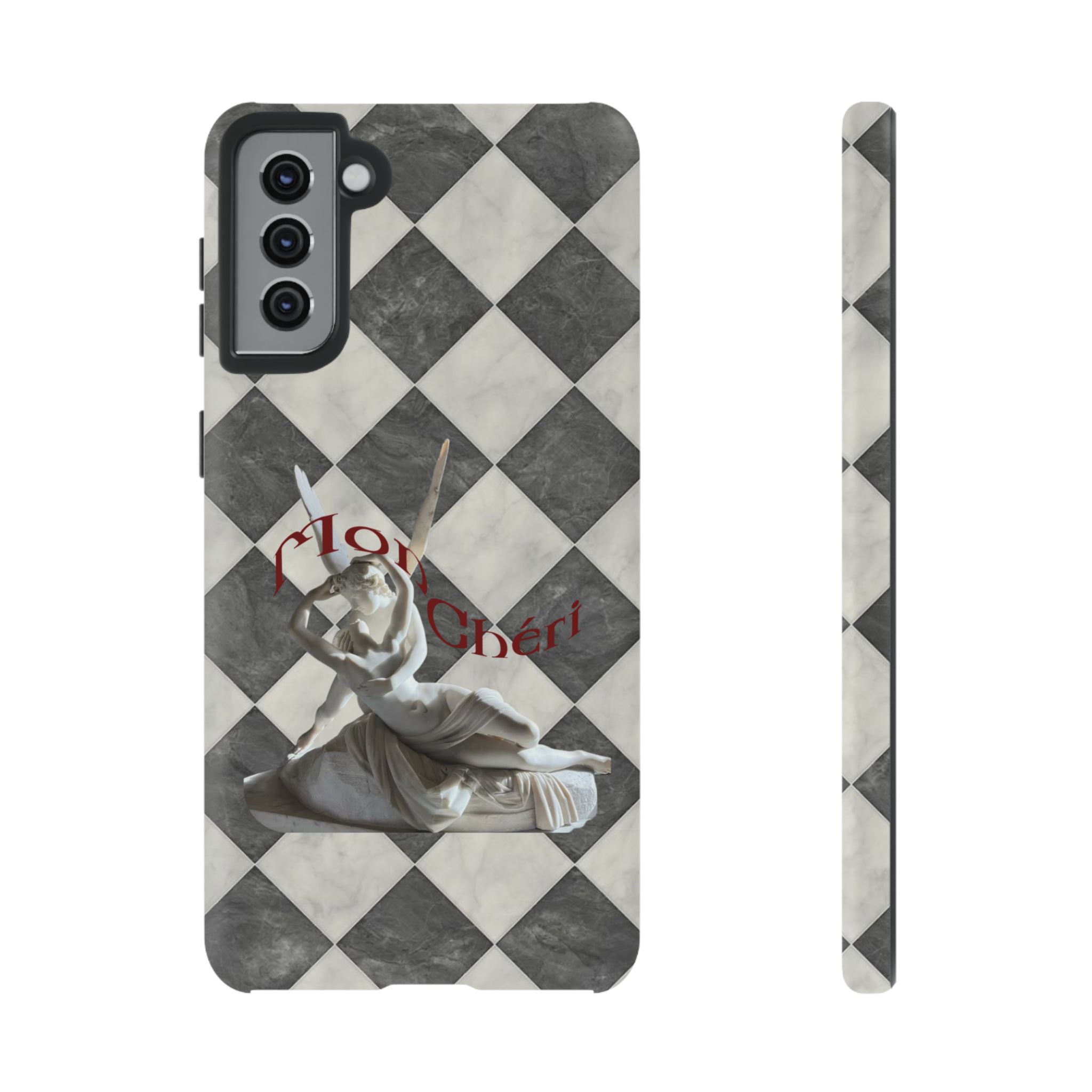 Phone Case — Vintage Harlequin Design with 'Mon Cheri' Statue Accent
