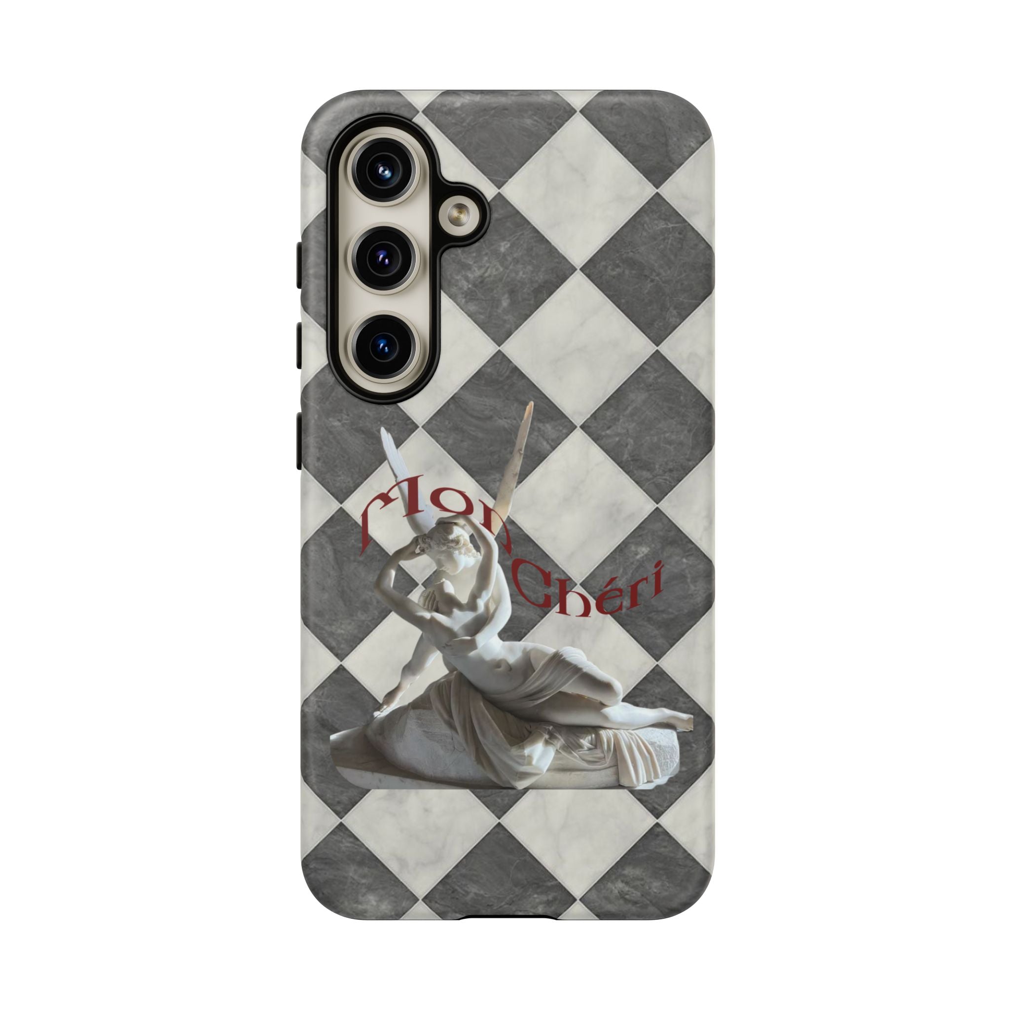 Phone Case — Vintage Harlequin Design with 'Mon Cheri' Statue Accent