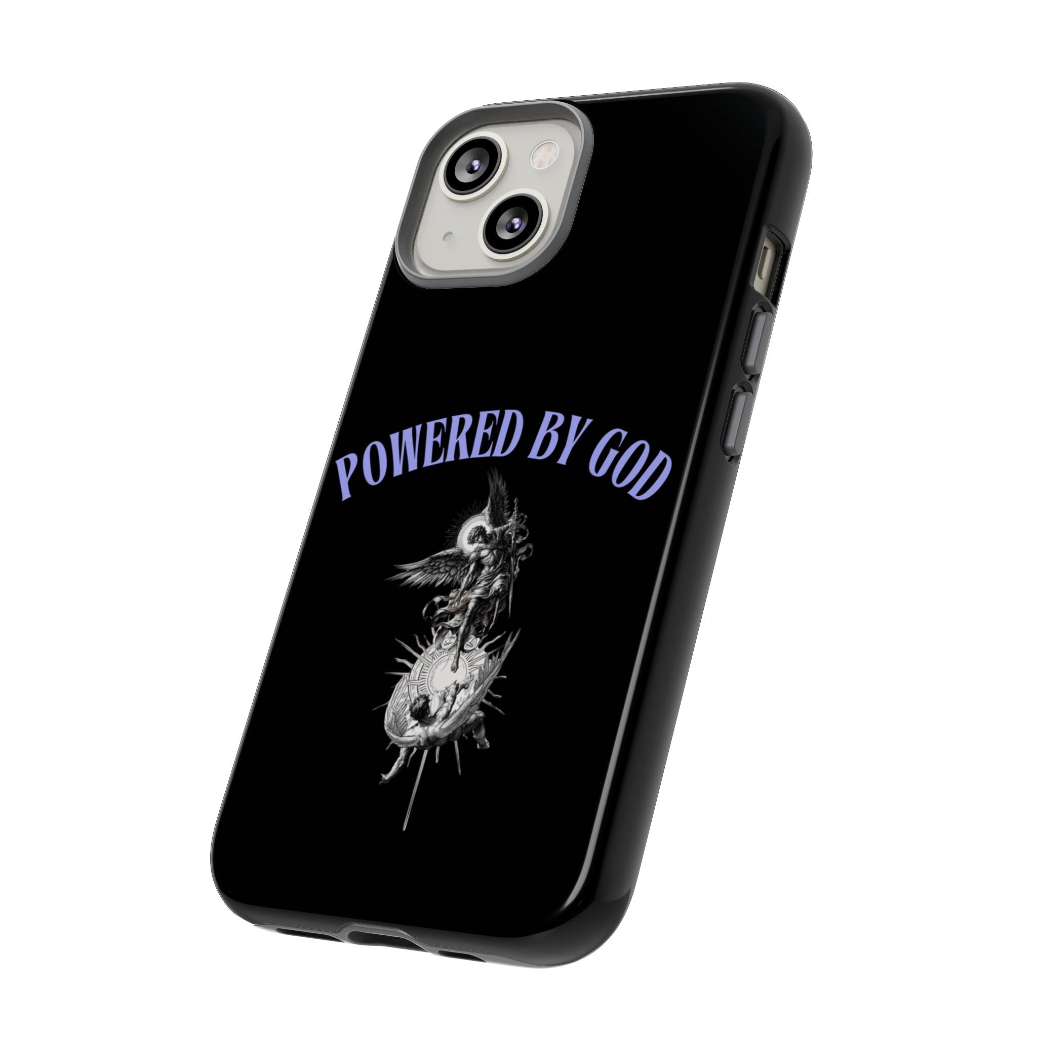 Phone Case — "Powered by God" Black Protective Case with Angelic Skull Design