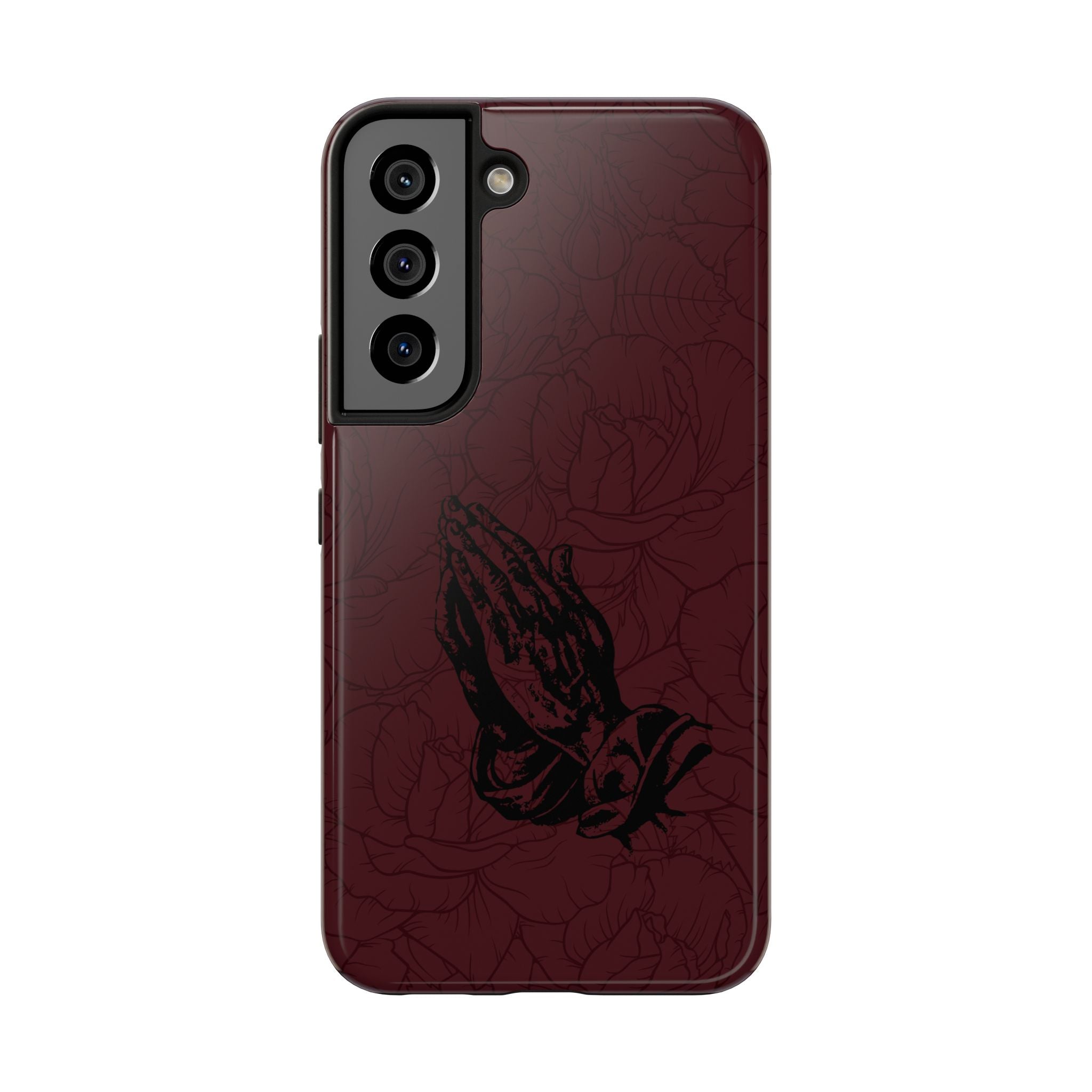Burgundy Praying Hands Tough Phone Case – Floral Background, Religious Protective Cover