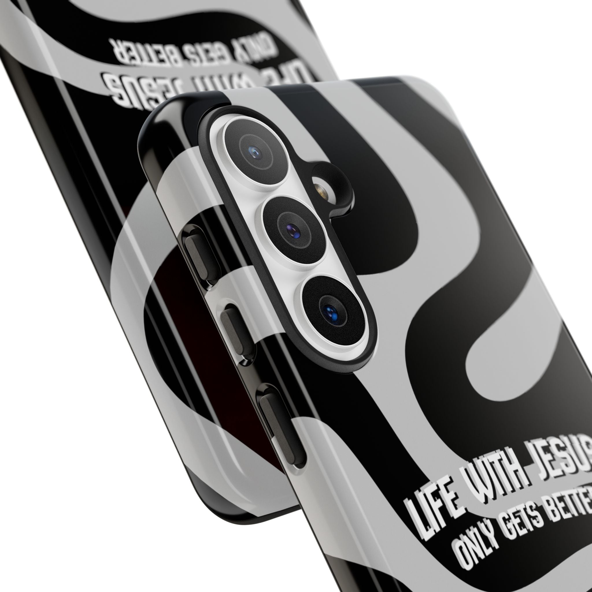 Christian iPhone Tough Case — "Life With Jesus Only Gets Better" Black & White Swirl Design