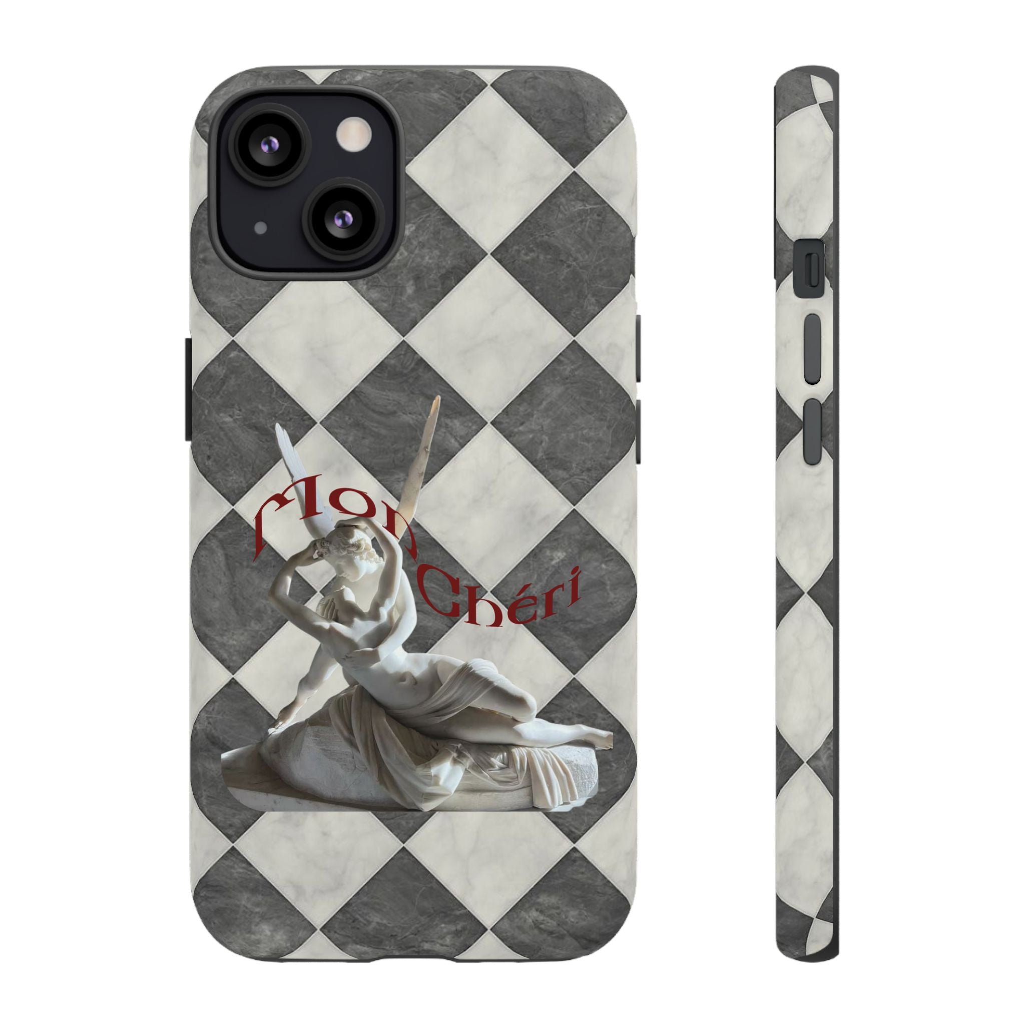 Phone Case — Vintage Harlequin Design with 'Mon Cheri' Statue Accent