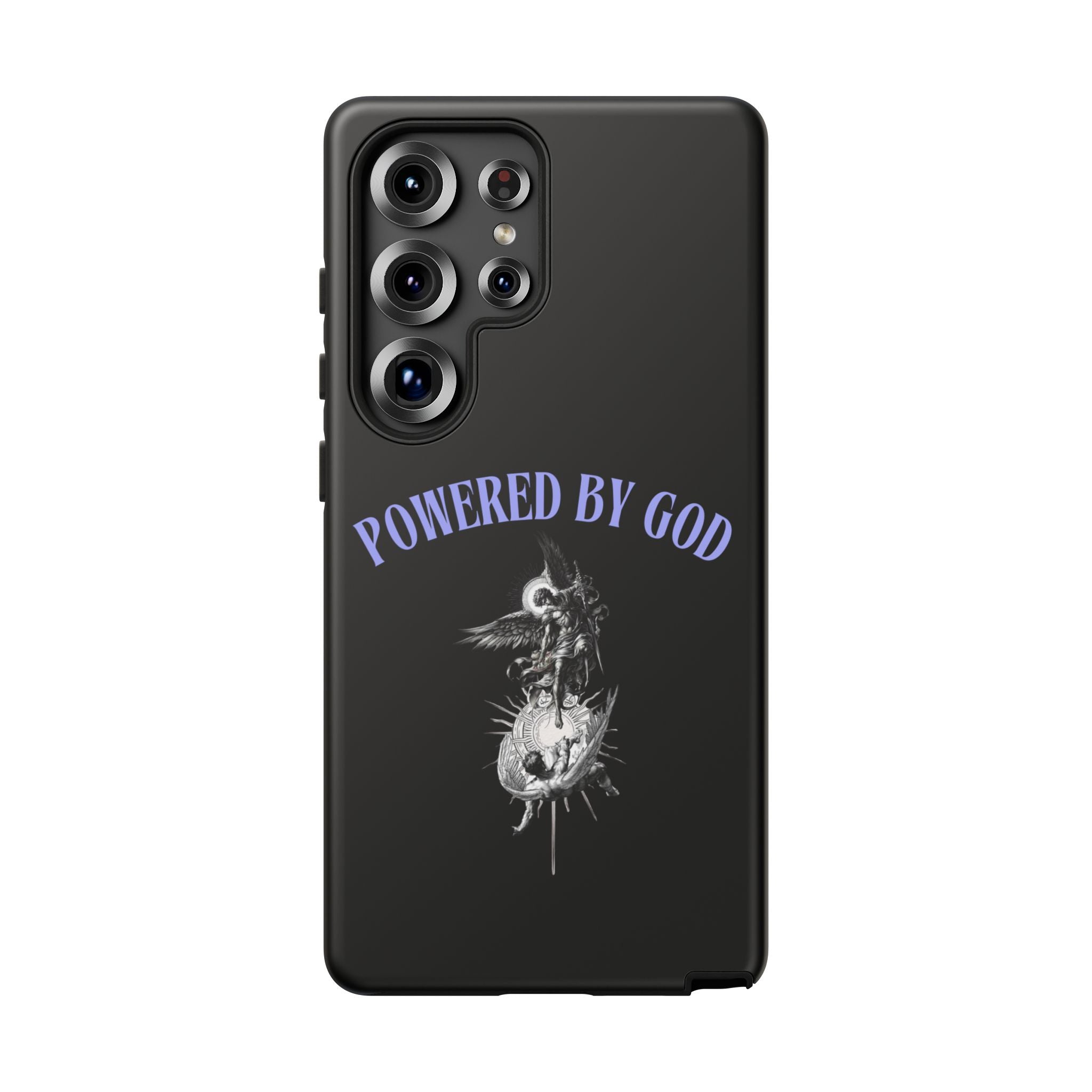 Phone Case — "Powered by God" Black Protective Case with Angelic Skull Design
