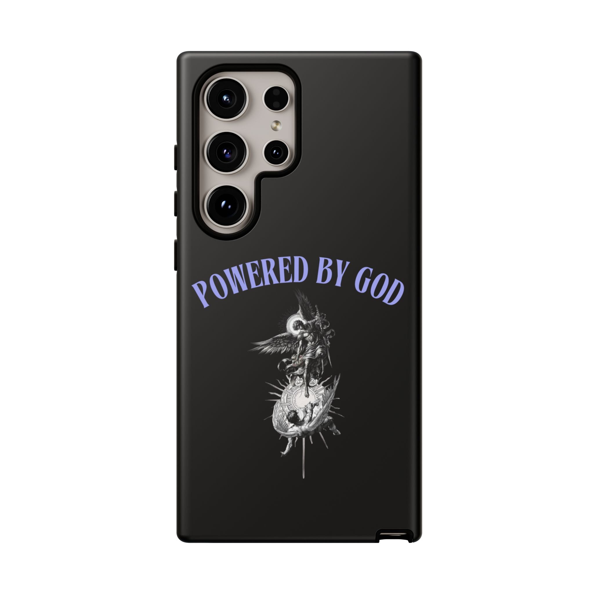 Phone Case — "Powered by God" Black Protective Case with Angelic Skull Design