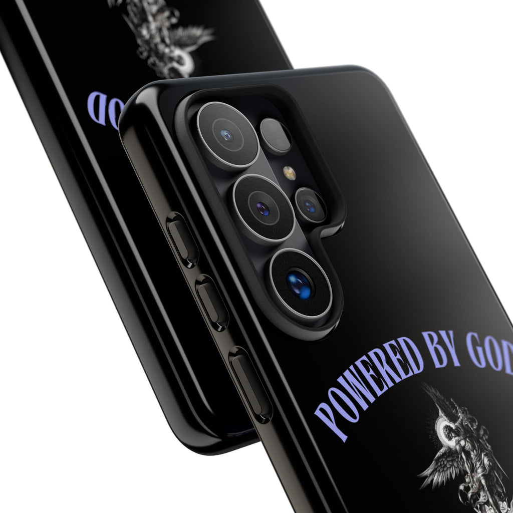 Phone Case — "Powered by God" Black Protective Case with Angelic Skull Design