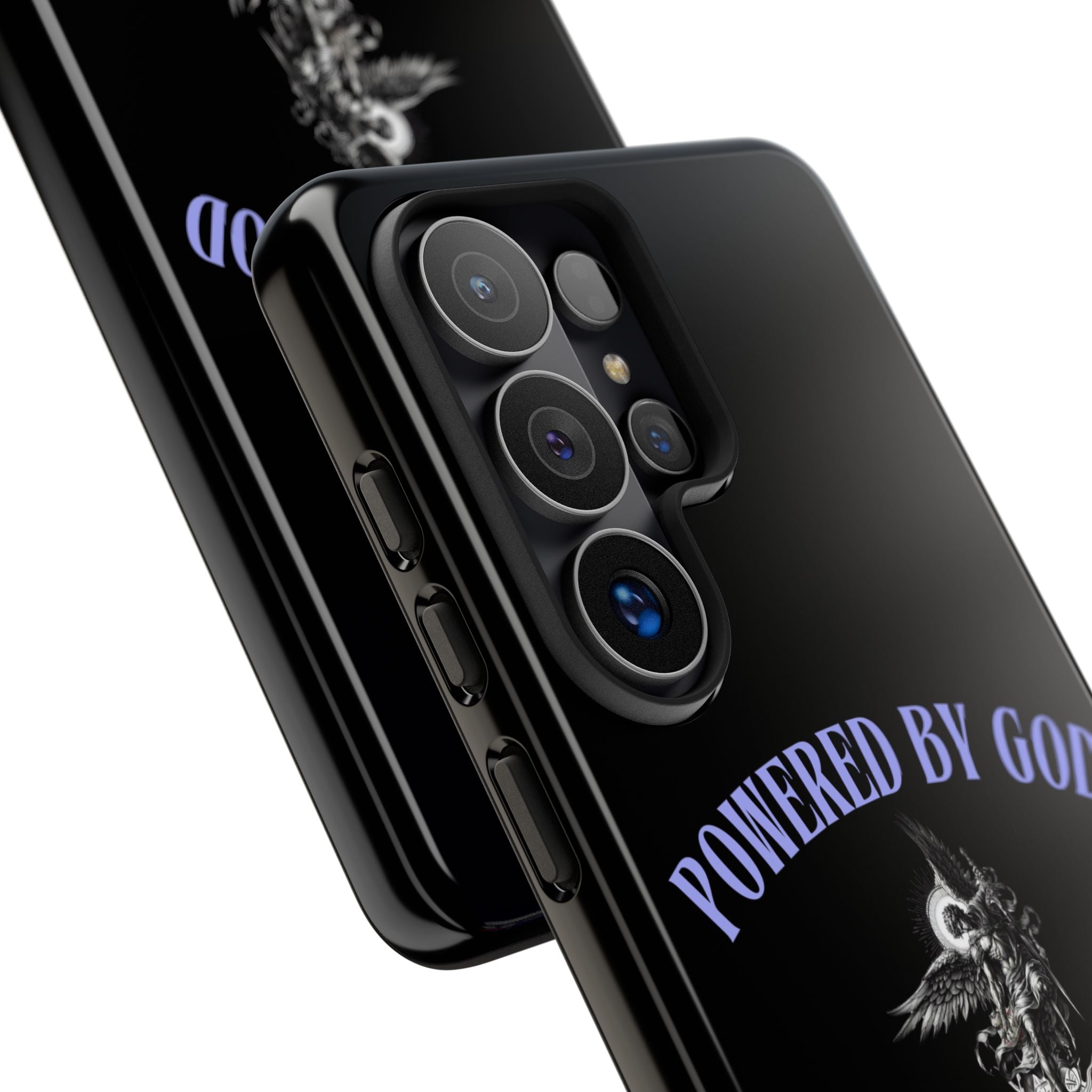 Phone Case — "Powered by God" Black Protective Case with Angelic Skull Design