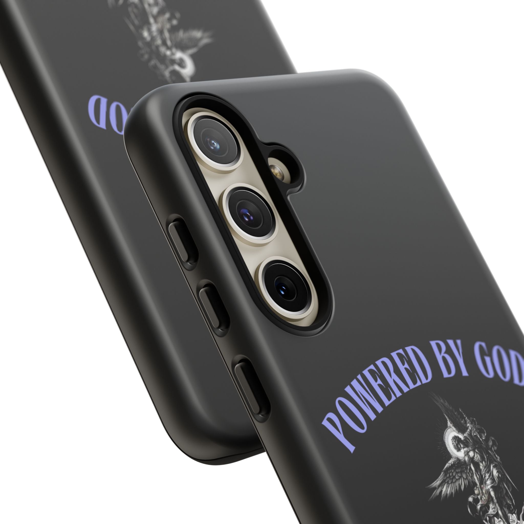 Phone Case — "Powered by God" Black Protective Case with Angelic Skull Design