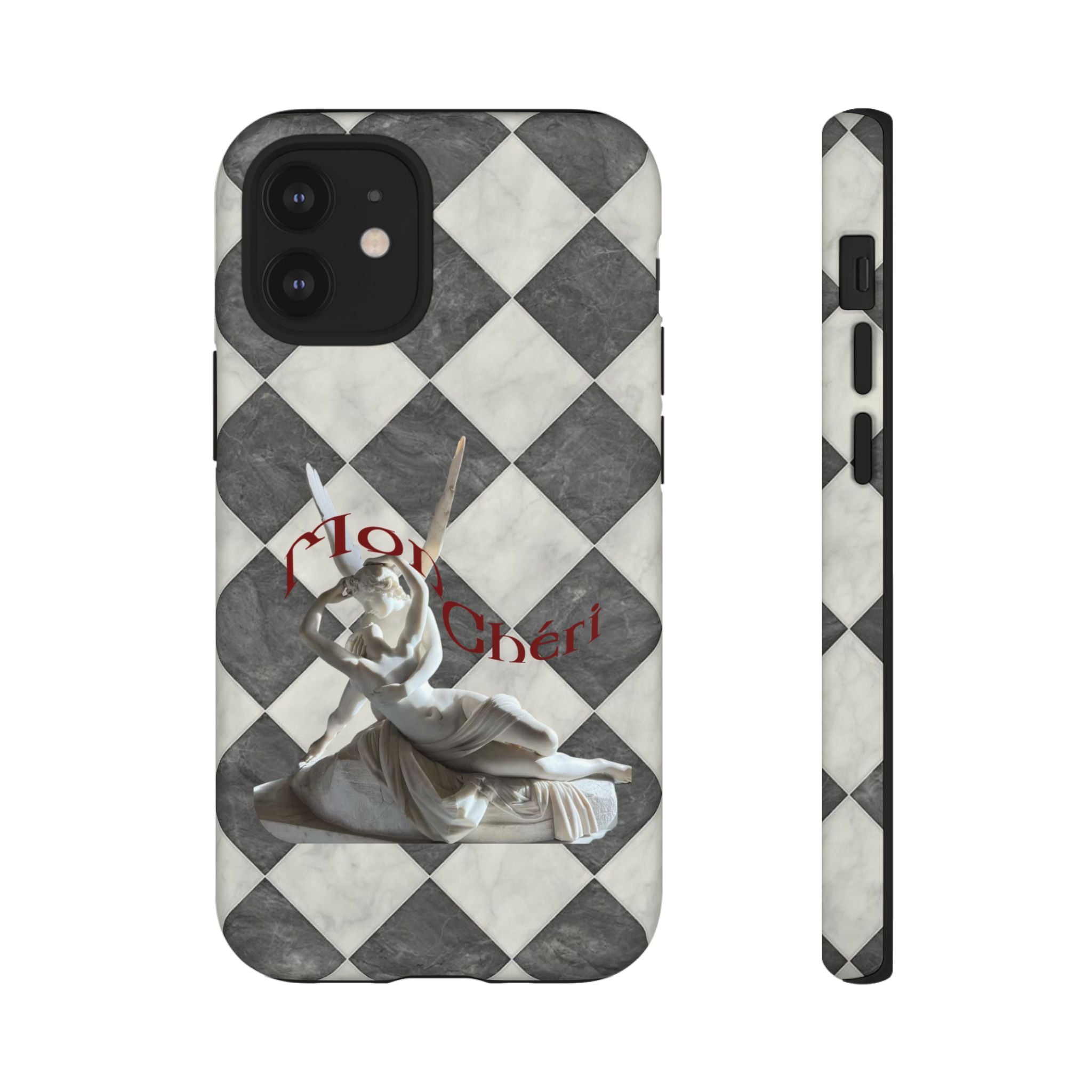 Phone Case — Vintage Harlequin Design with 'Mon Cheri' Statue Accent