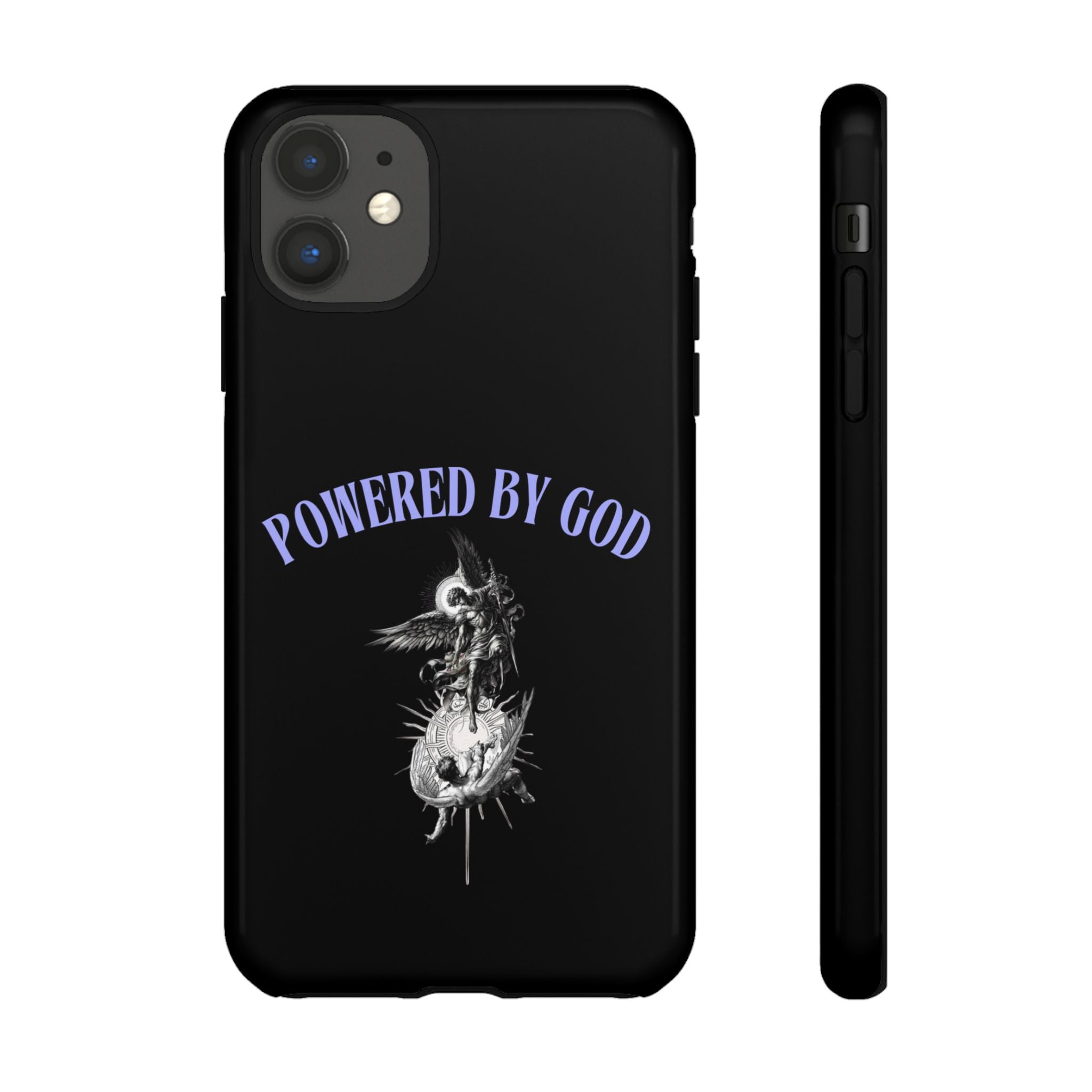 Phone Case — "Powered by God" Black Protective Case with Angelic Skull Design