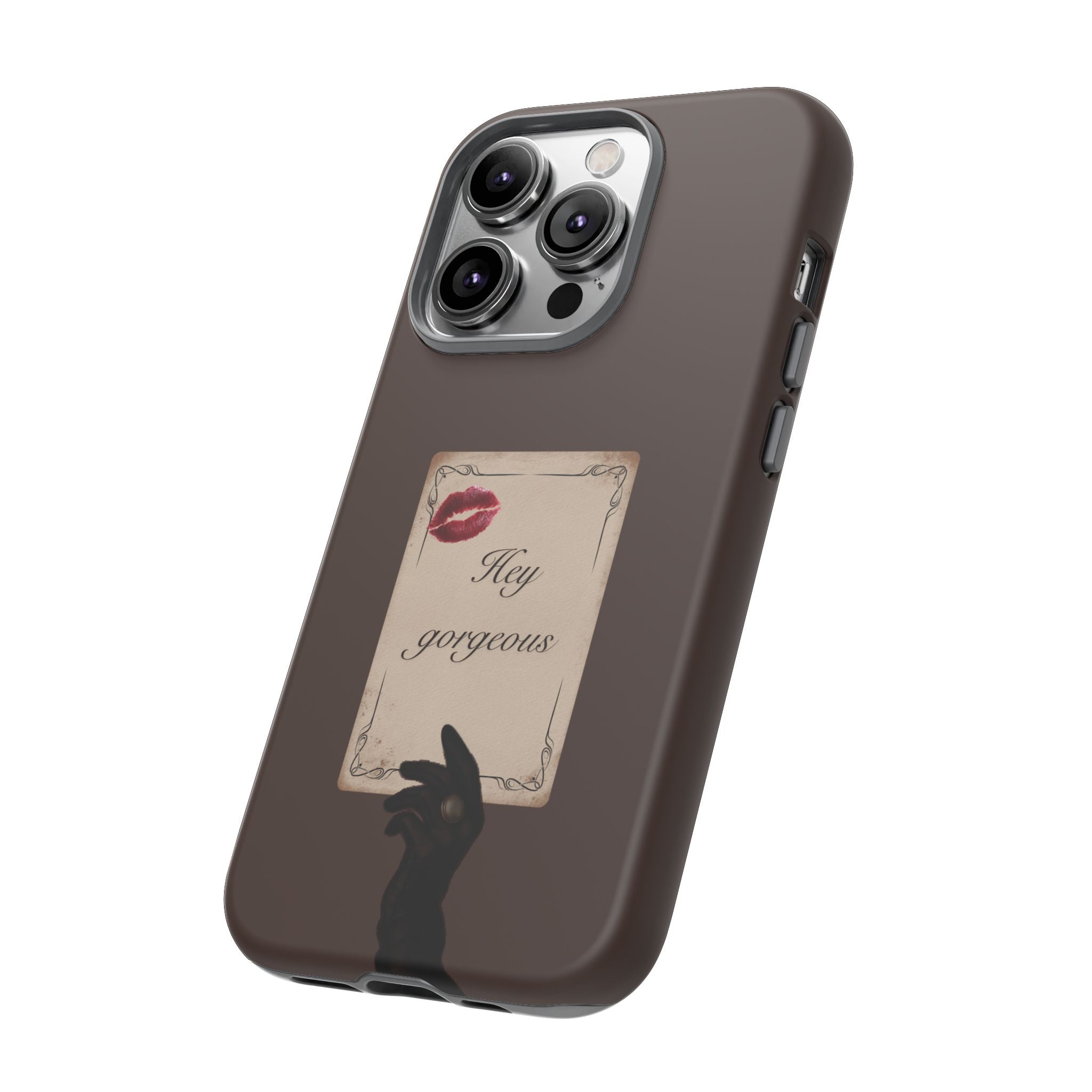 Hey Gorgeous Phone Case — Brown Lip Print & Shadow Hand Protective Cover
