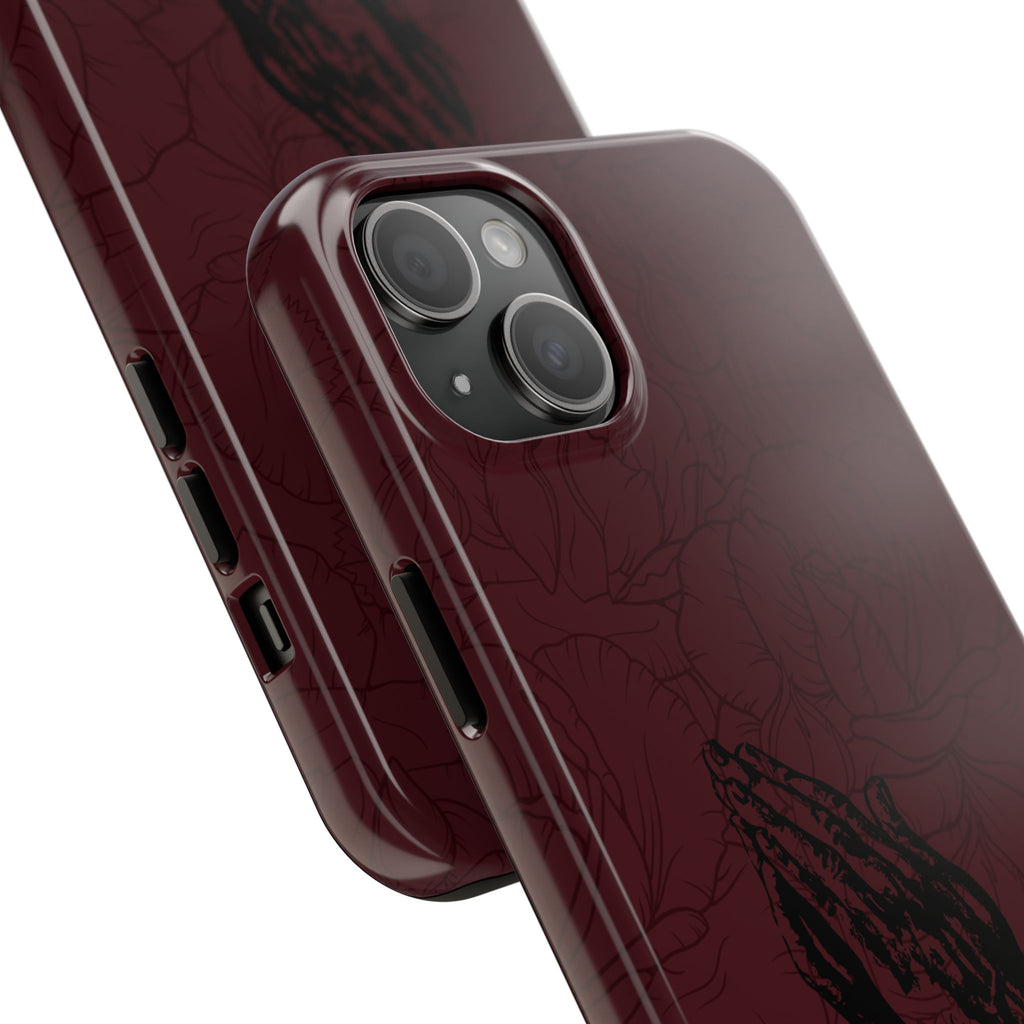 Burgundy Praying Hands Tough Phone Case – Floral Background, Religious Protective Cover