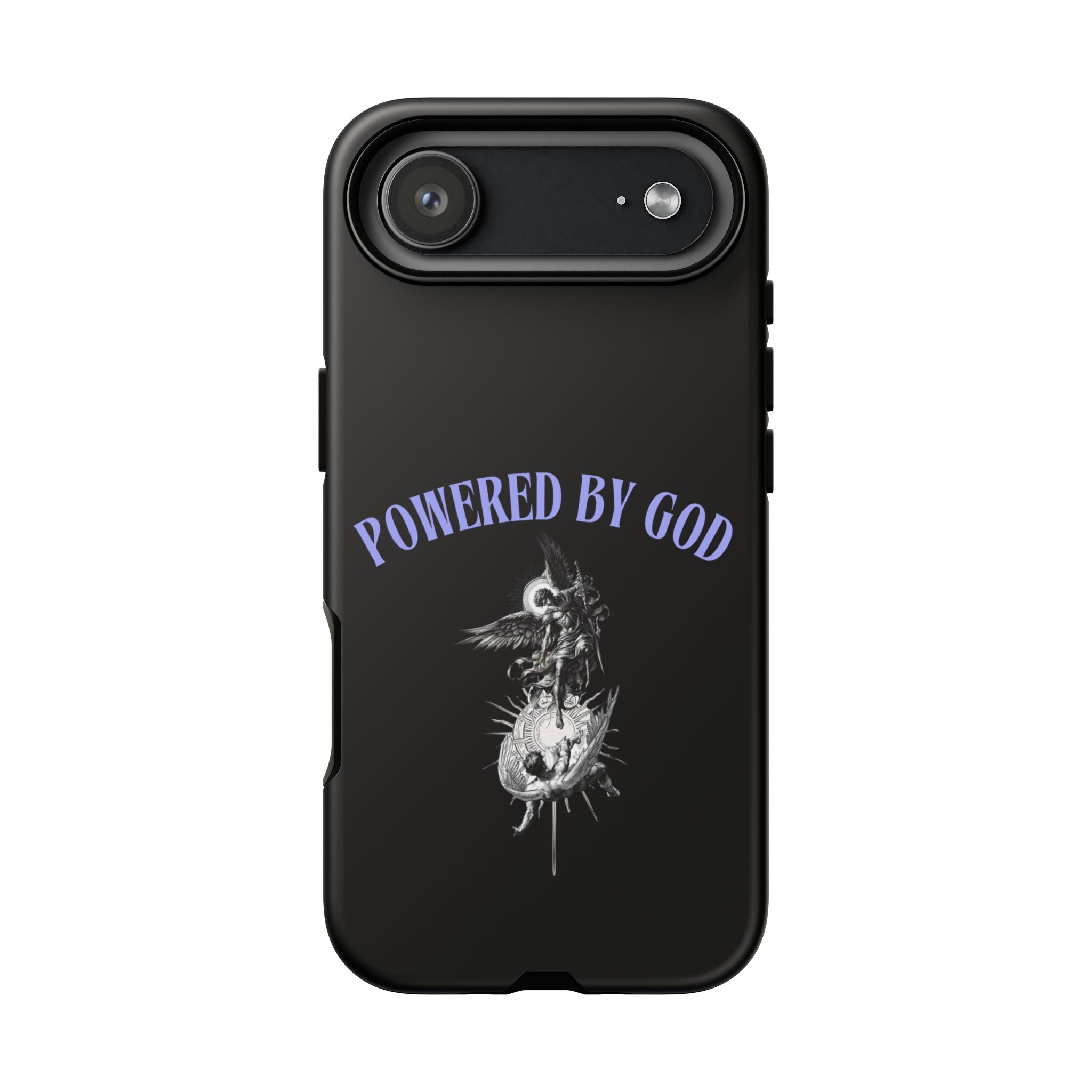 Phone Case — "Powered by God" Black Protective Case with Angelic Skull Design