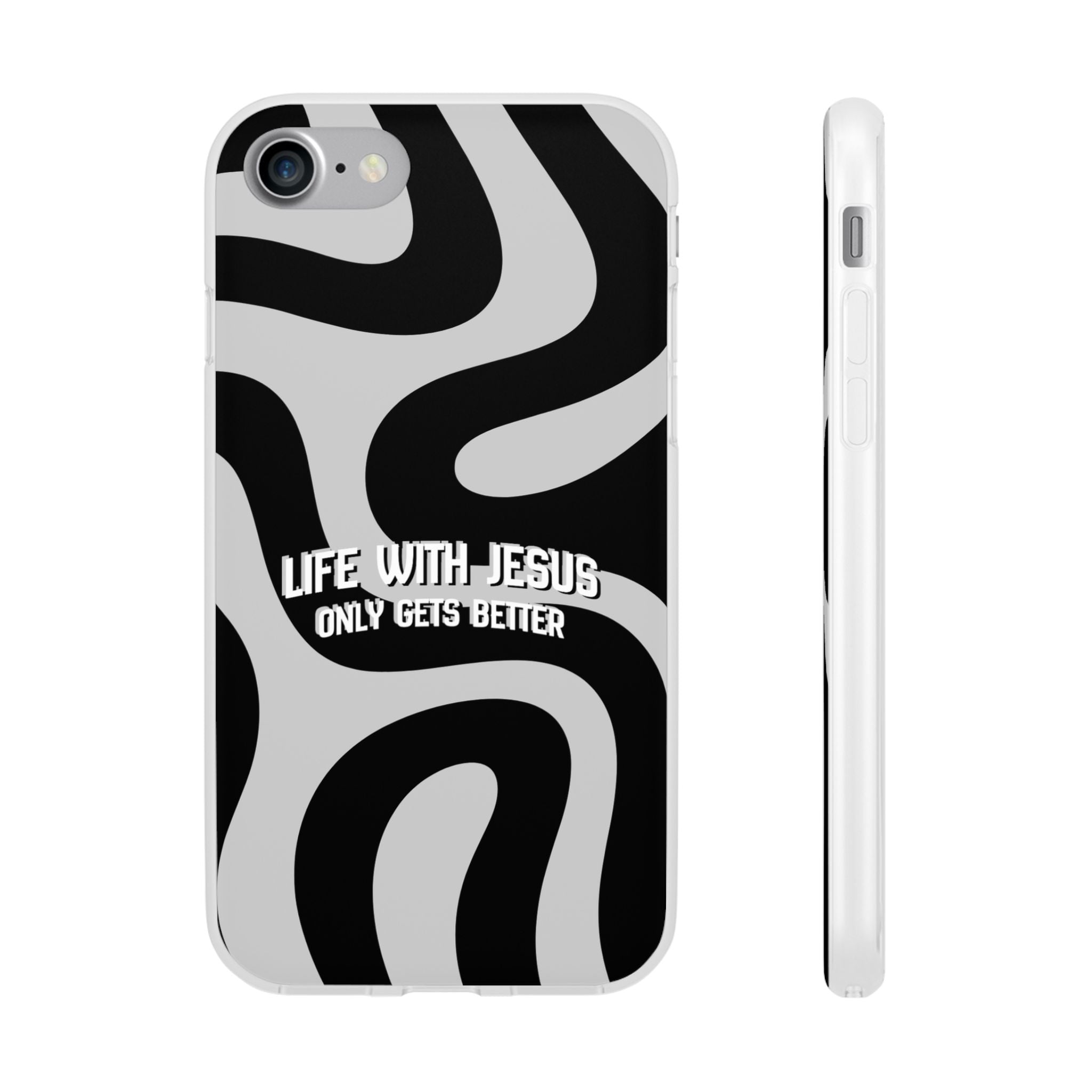 Religious Phone Case — "Life With Jesus Only Gets Better" Black & White Swirl Flexi Case