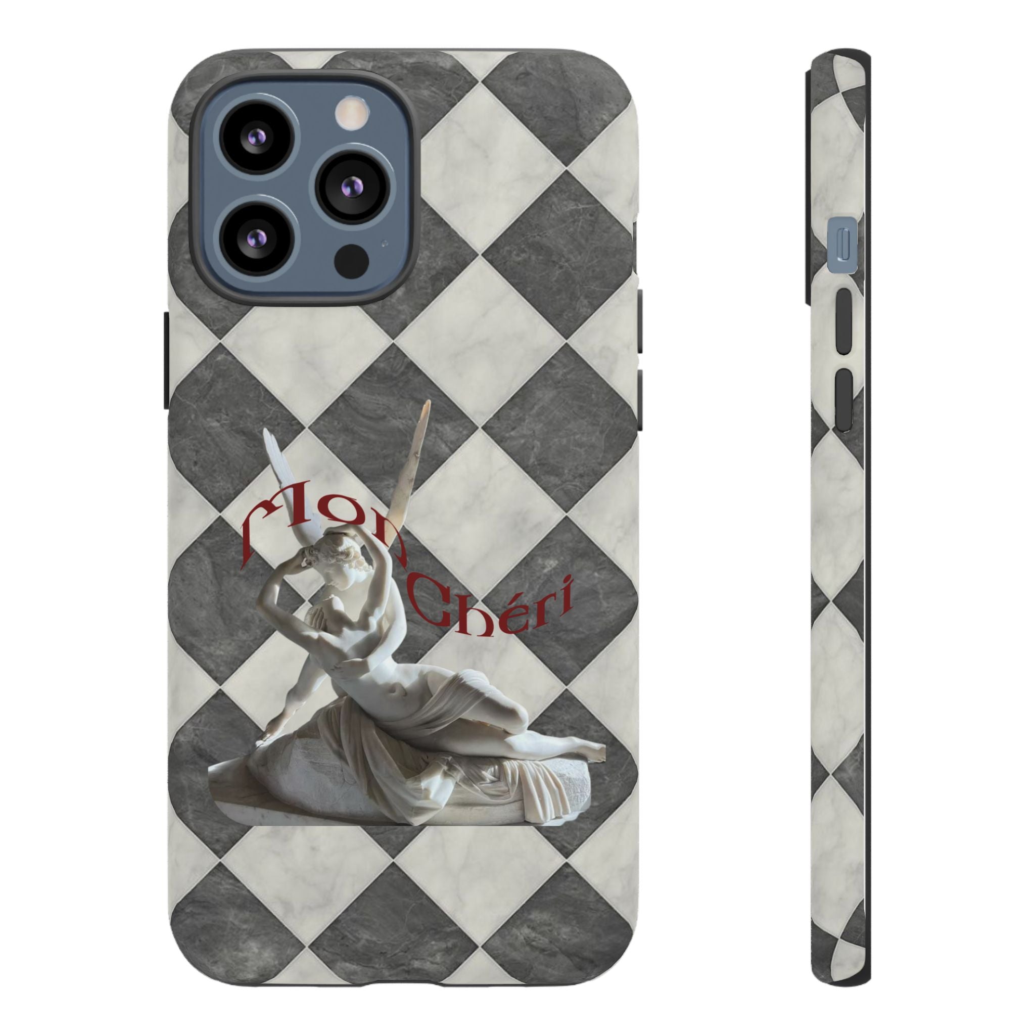 Phone Case — Vintage Harlequin Design with 'Mon Cheri' Statue Accent