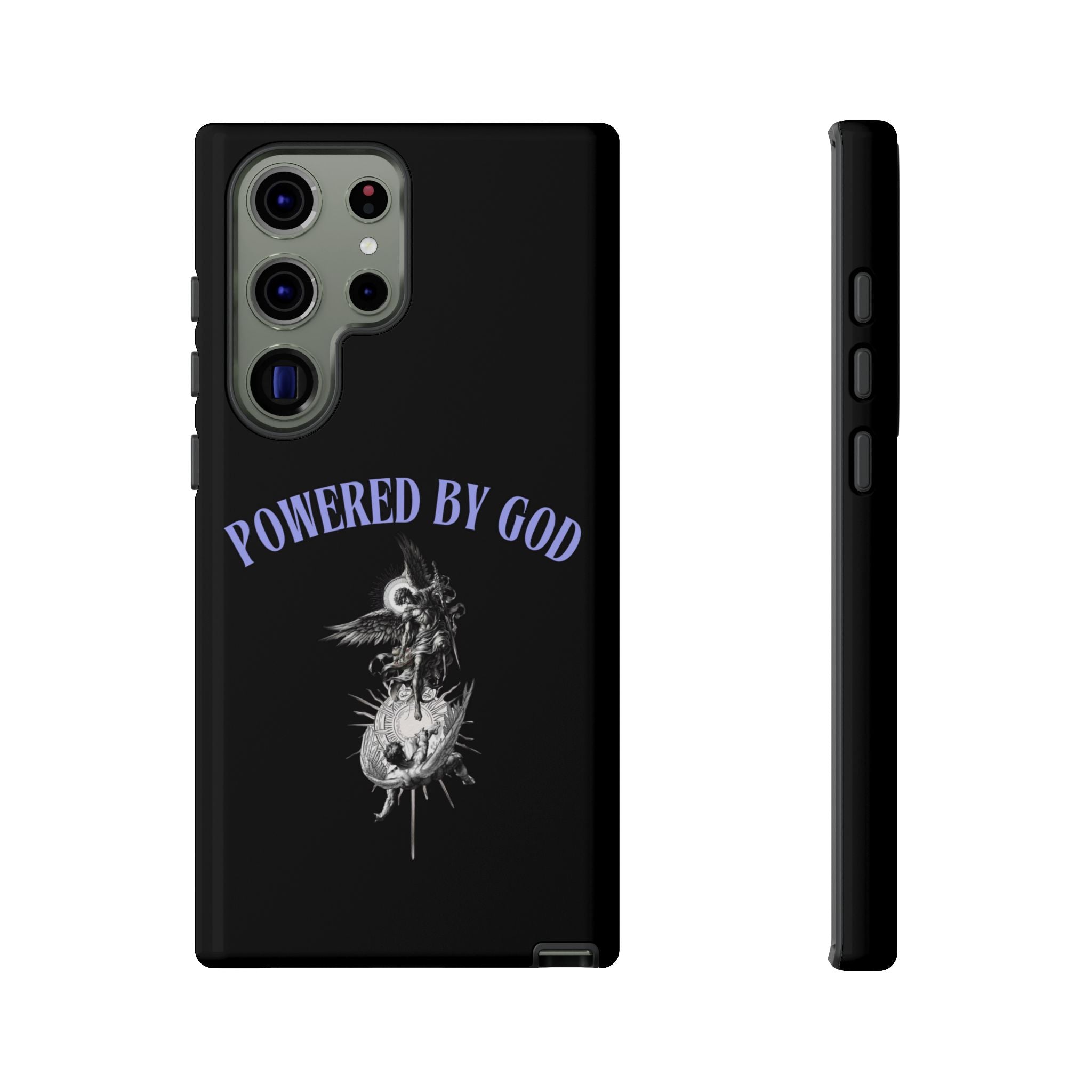 Phone Case — "Powered by God" Black Protective Case with Angelic Skull Design