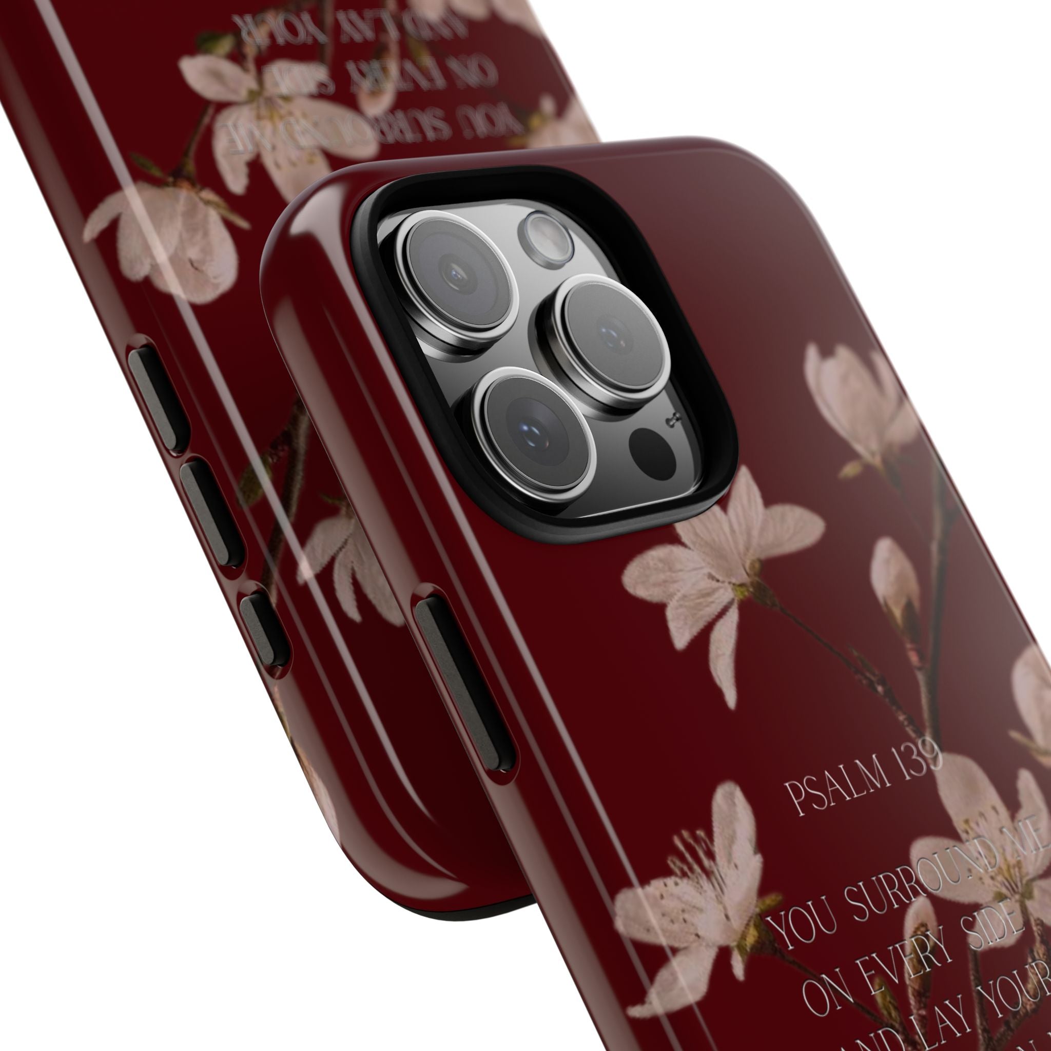 Floral Psalm Tough Phone Case — Burgundy Magnolia Branch with Psalm 139 Verse