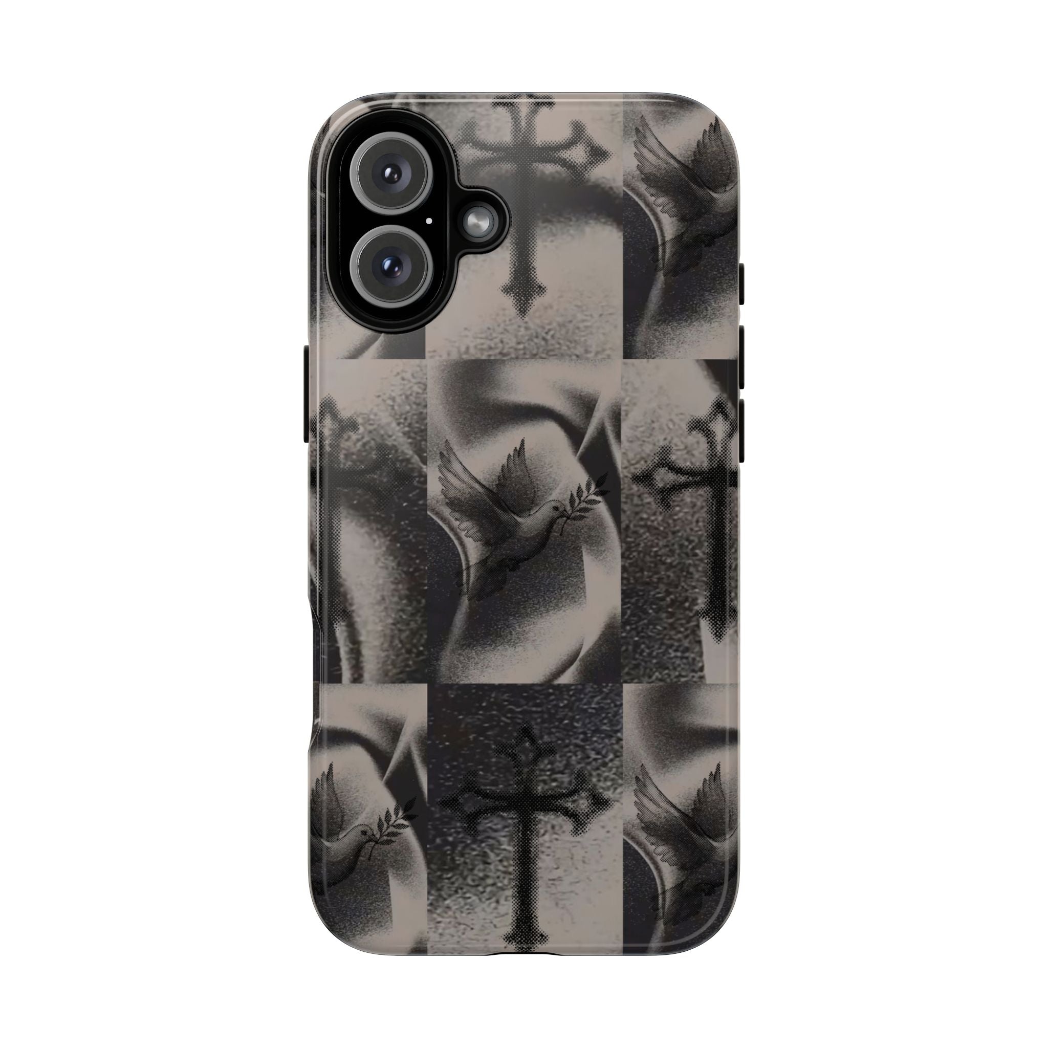 Gothic Cross & Dove Phone Case — Moody Checkerboard Protective Case