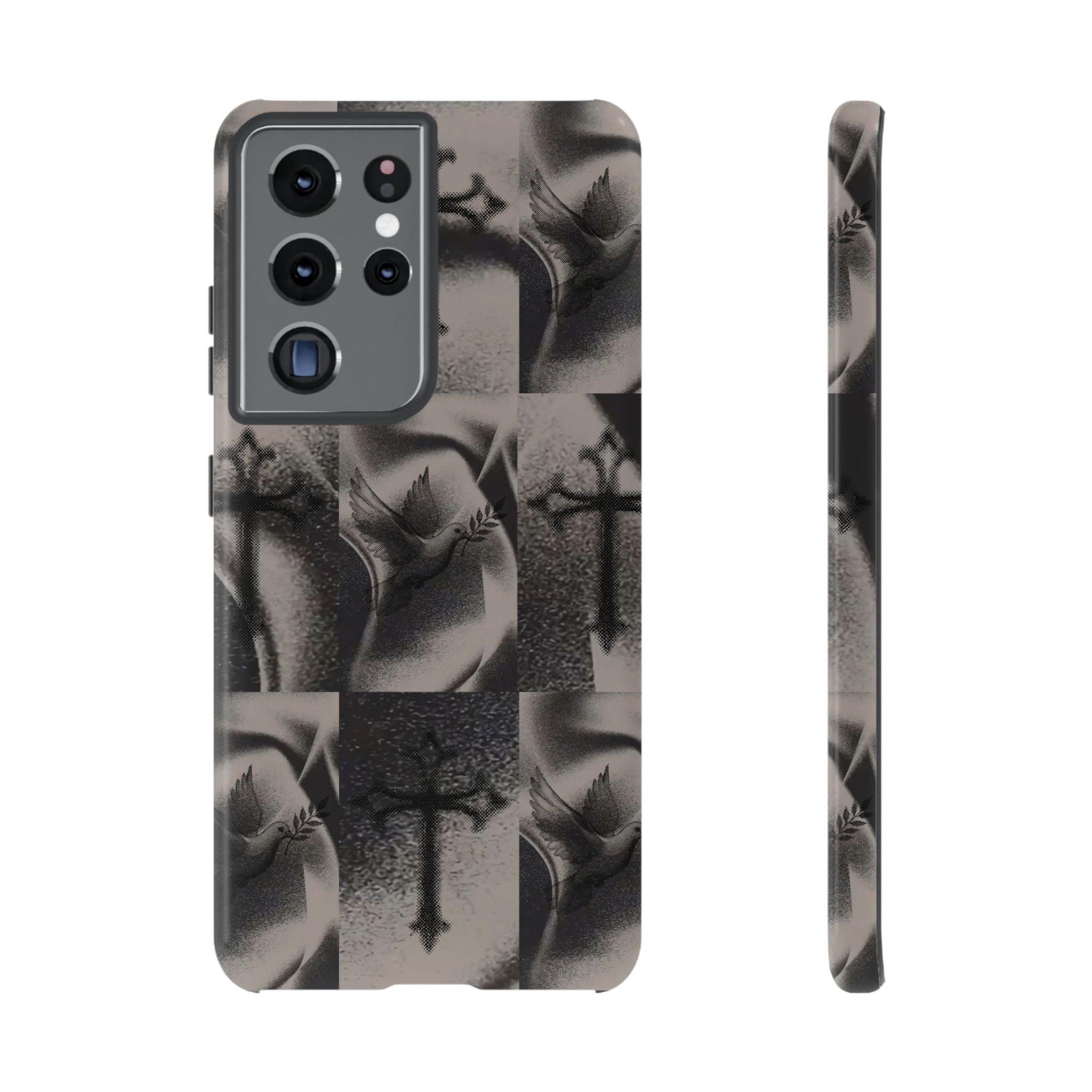 Gothic Cross & Dove Phone Case — Moody Checkerboard Protective Case
