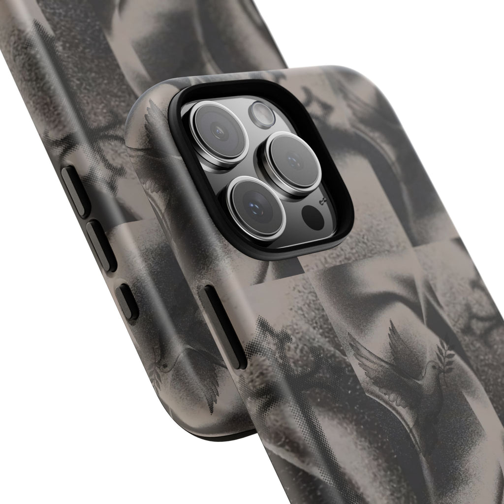 Gothic Cross & Dove Phone Case — Moody Checkerboard Protective Case