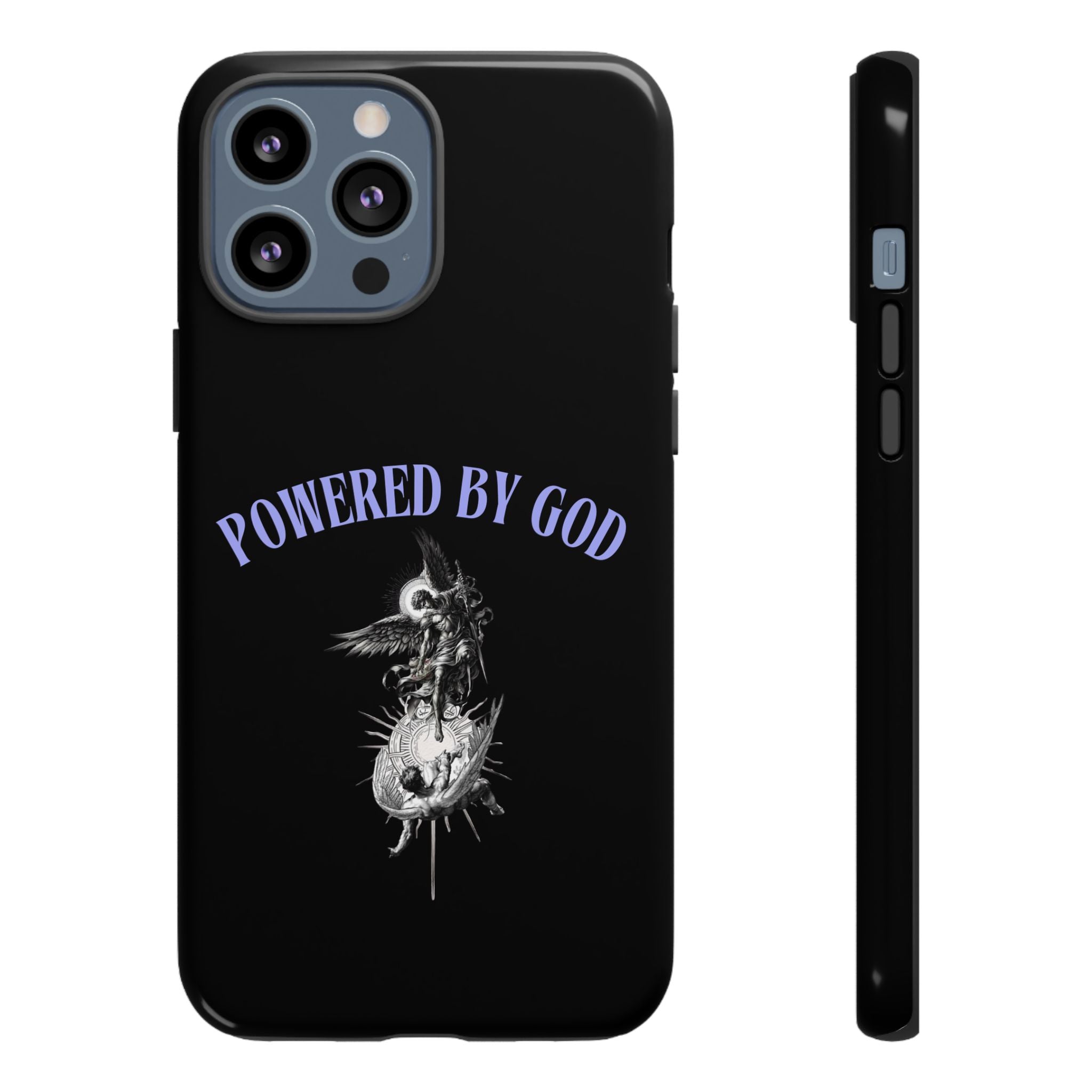 Phone Case — "Powered by God" Black Protective Case with Angelic Skull Design