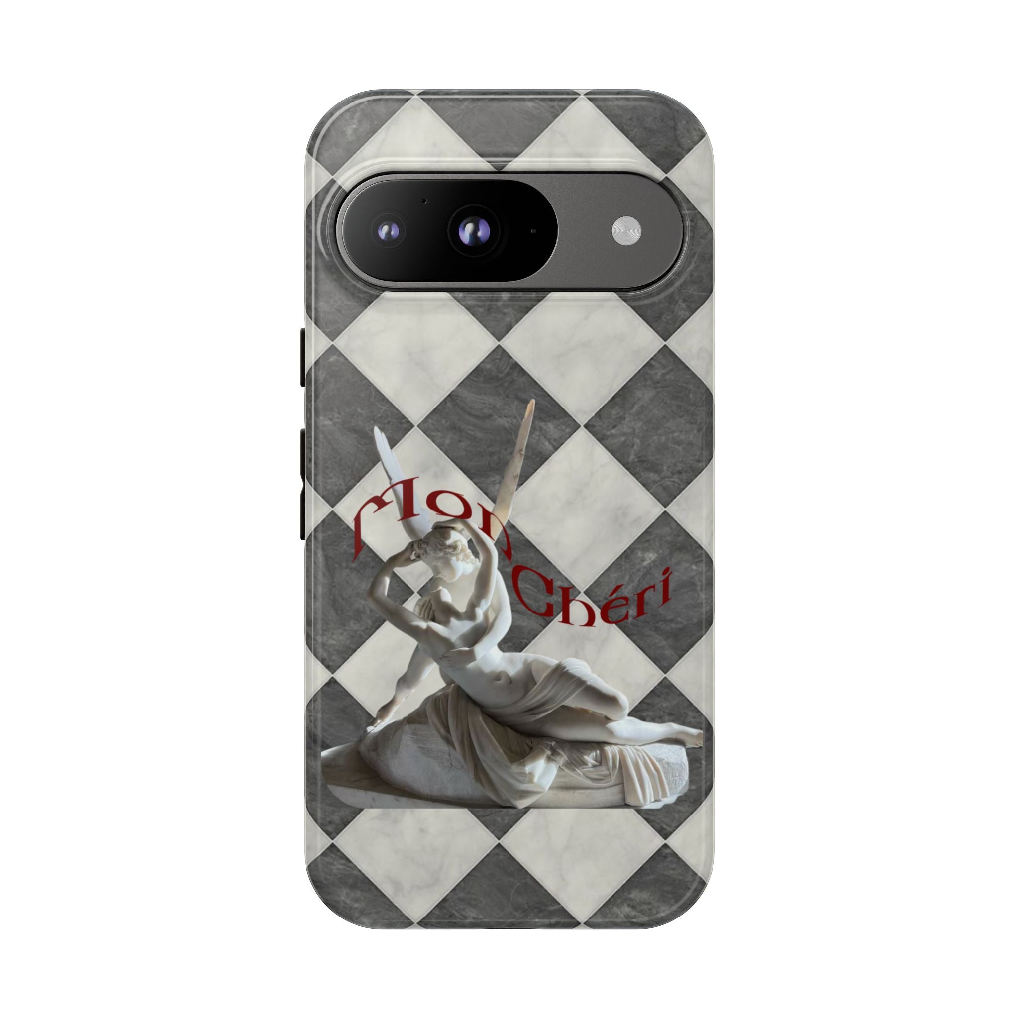 Phone Case — Vintage Harlequin Design with 'Mon Cheri' Statue Accent
