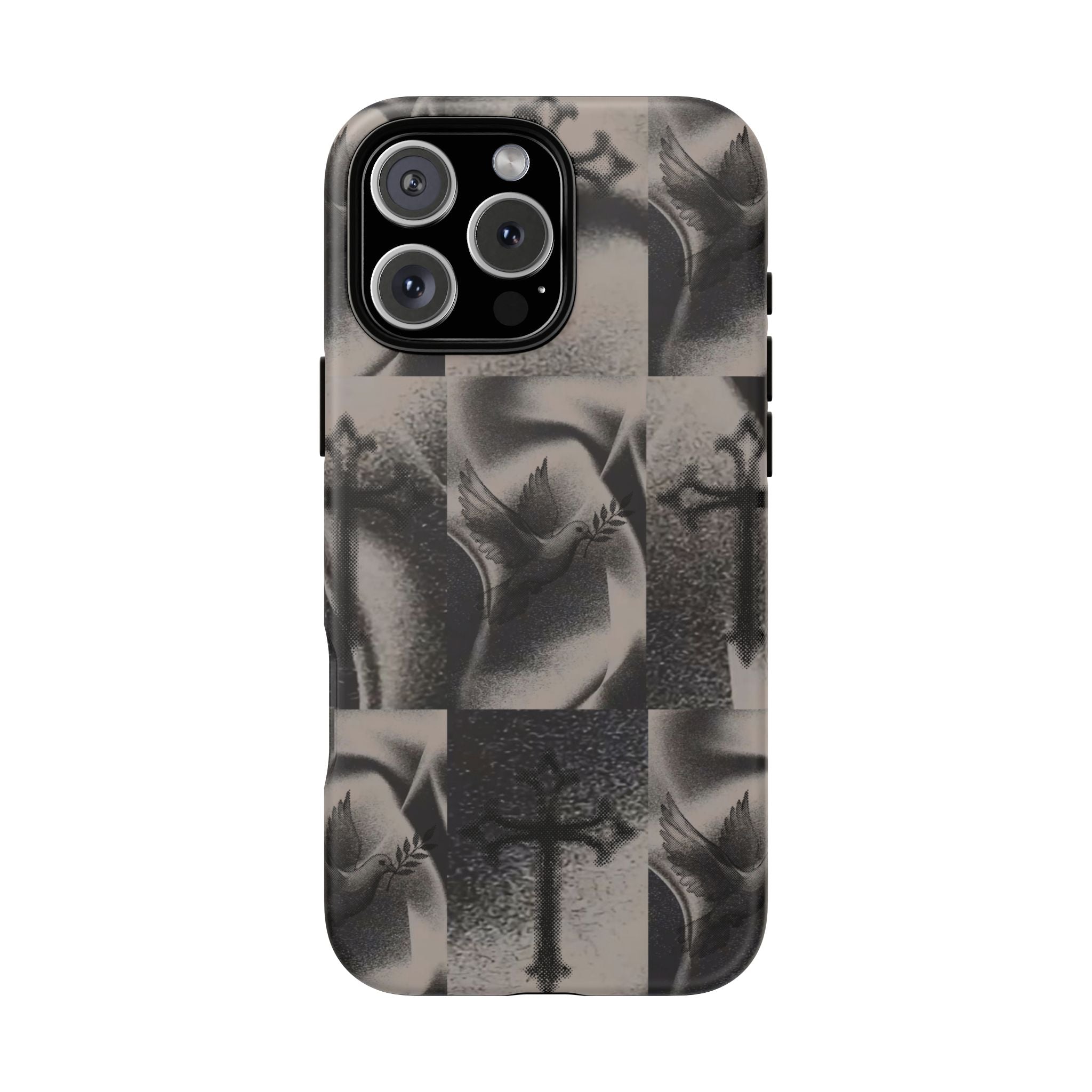 Gothic Cross & Dove Phone Case — Moody Checkerboard Protective Case