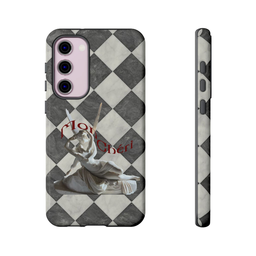 Phone Case — Vintage Harlequin Design with 'Mon Cheri' Statue Accent