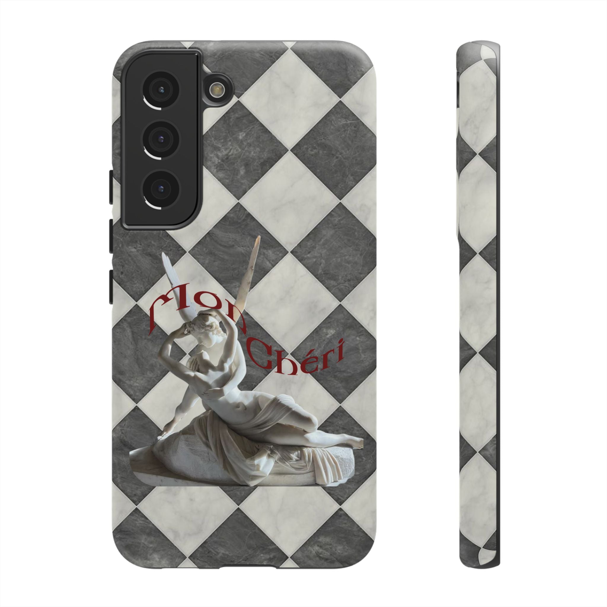 Phone Case — Vintage Harlequin Design with 'Mon Cheri' Statue Accent