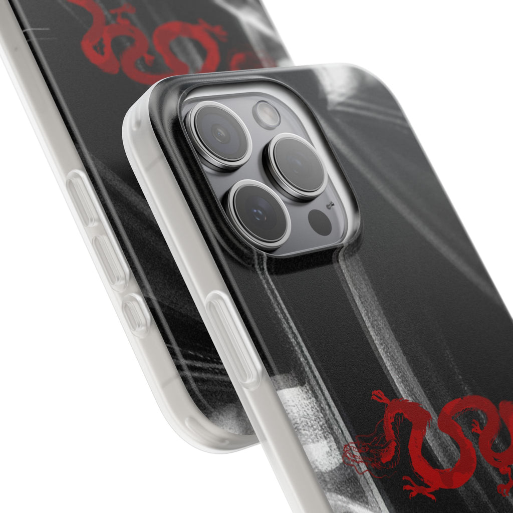 Flexi Phone Case — Black Smoke Background with Red Dragon