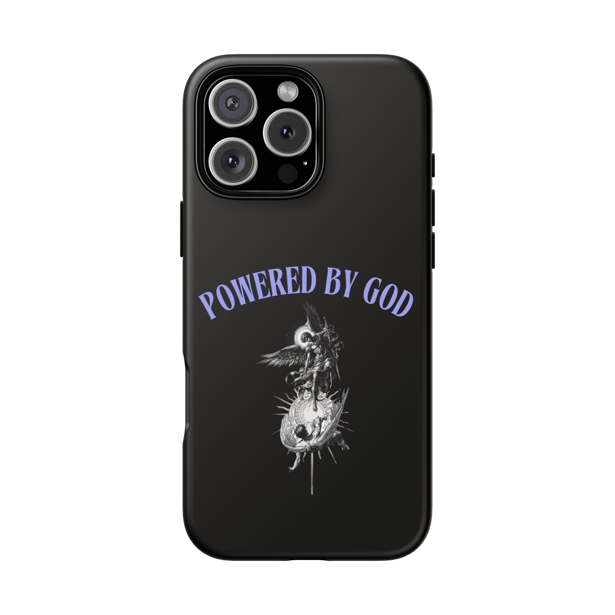 Phone Case — "Powered by God" Black Protective Case with Angelic Skull Design