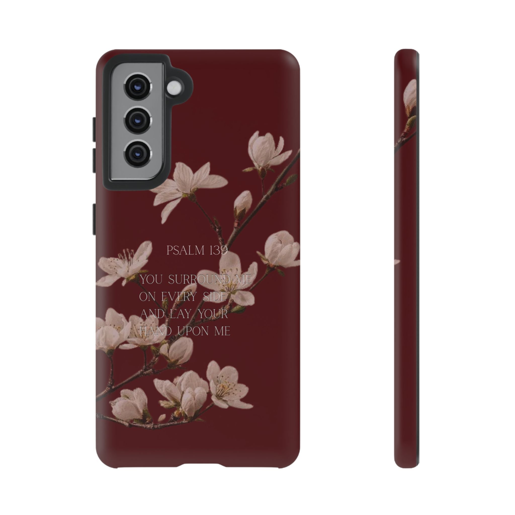 Floral Psalm Tough Phone Case — Burgundy Magnolia Branch with Psalm 139 Verse