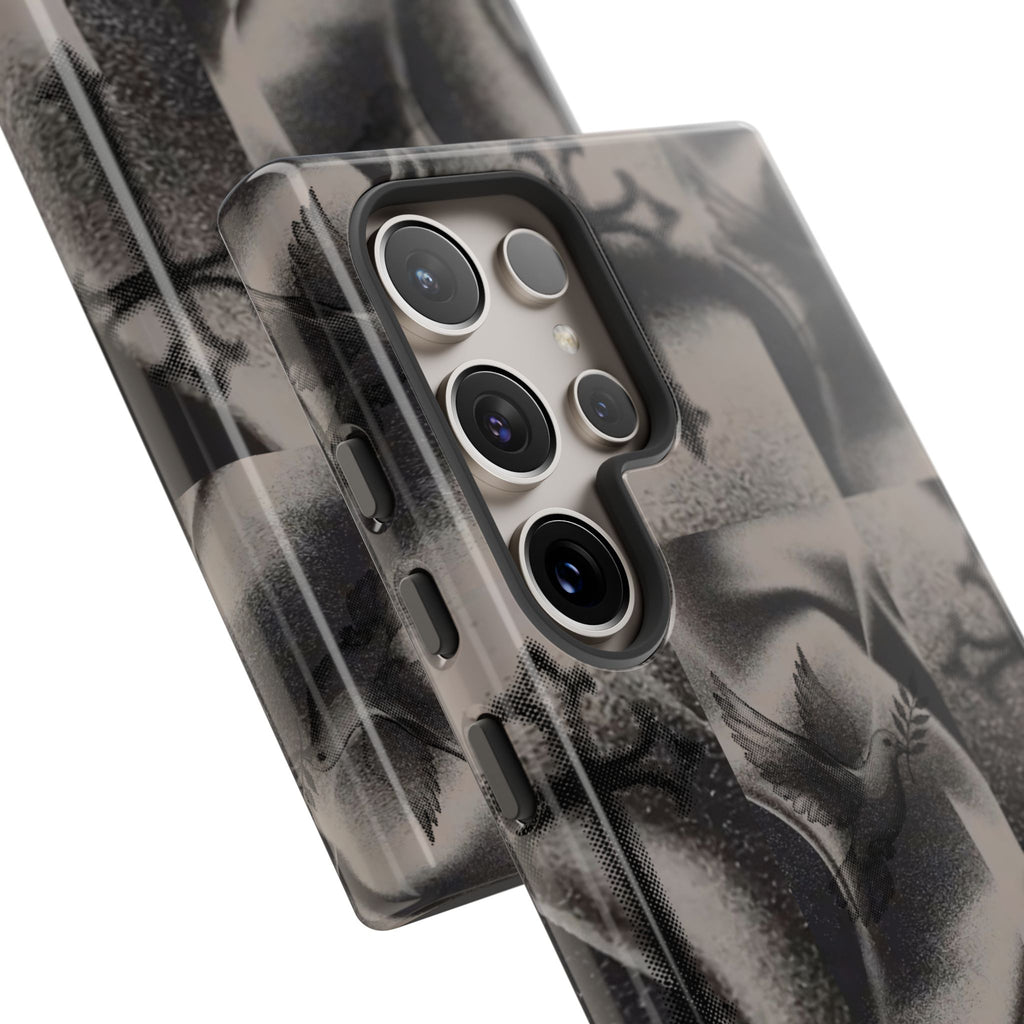Gothic Cross & Dove Phone Case — Moody Checkerboard Protective Case