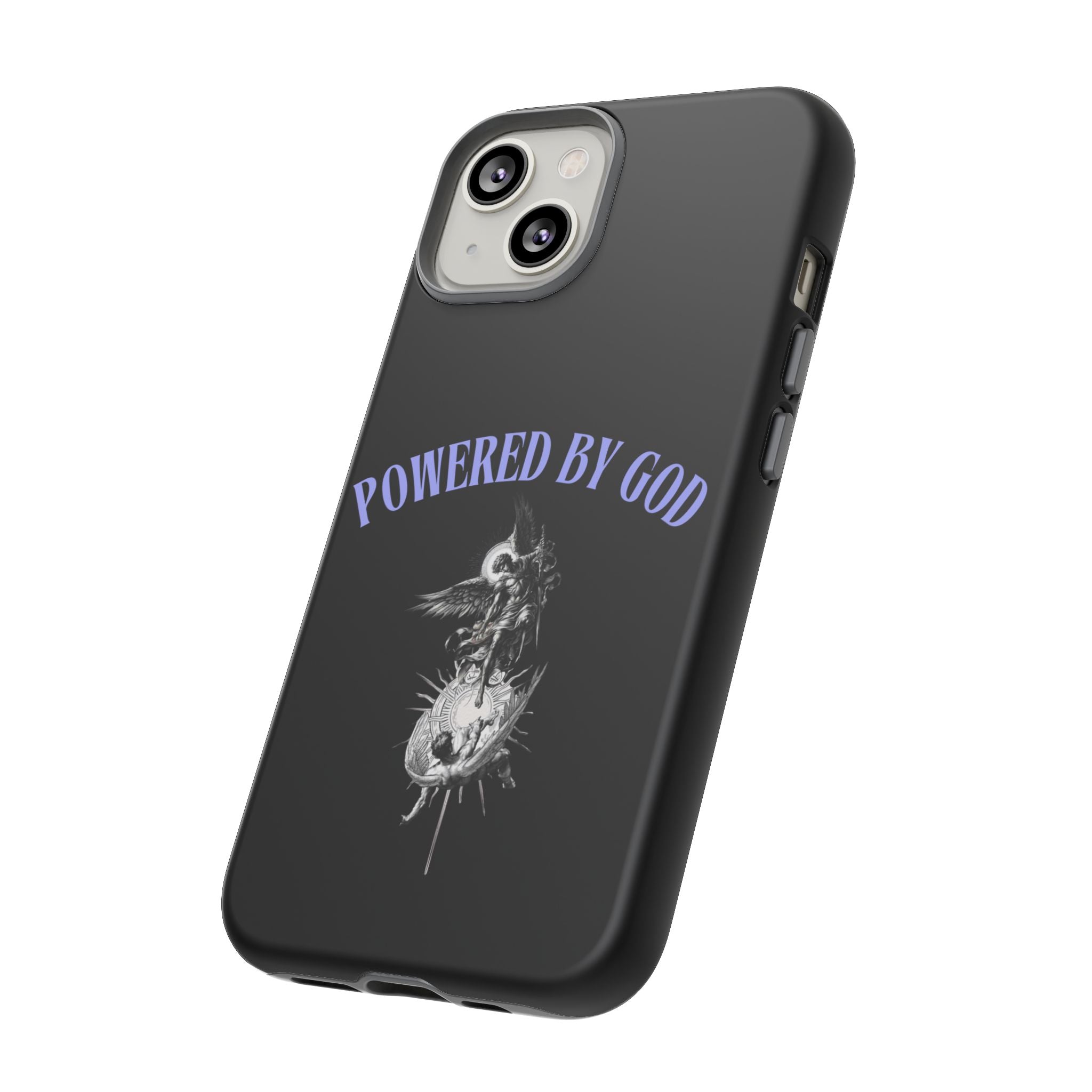 Phone Case — "Powered by God" Black Protective Case with Angelic Skull Design