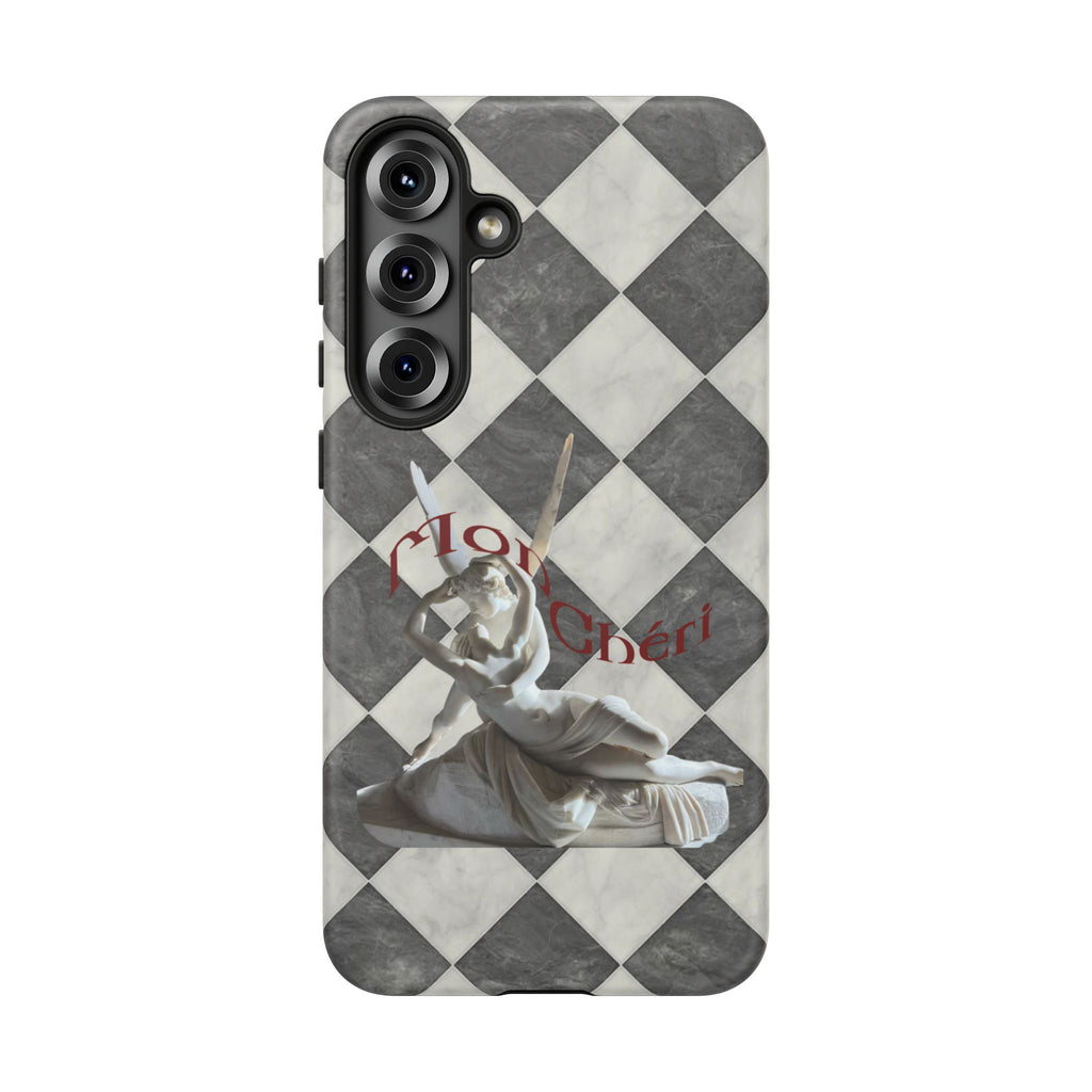 Phone Case — Vintage Harlequin Design with 'Mon Cheri' Statue Accent