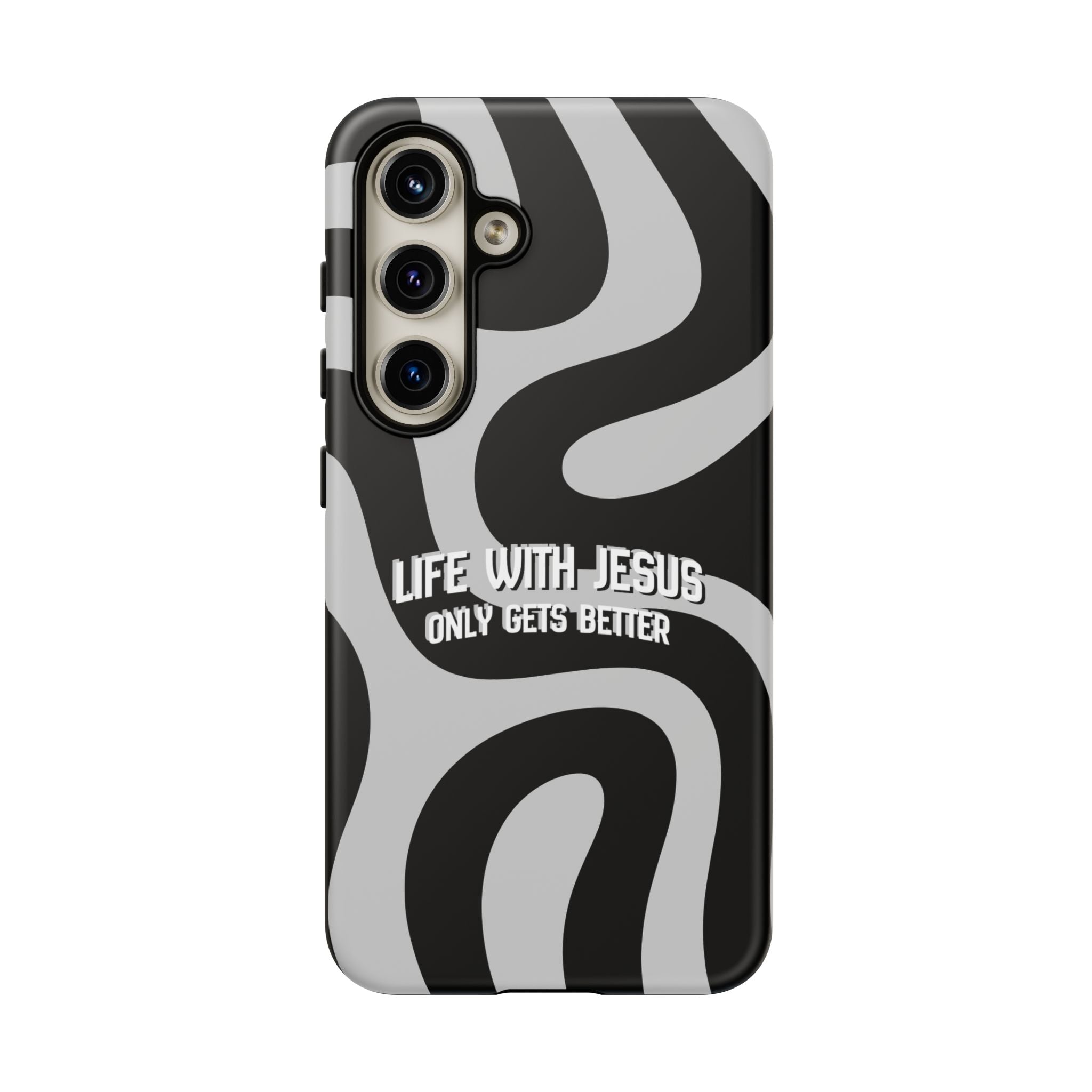 Christian iPhone Tough Case — "Life With Jesus Only Gets Better" Black & White Swirl Design
