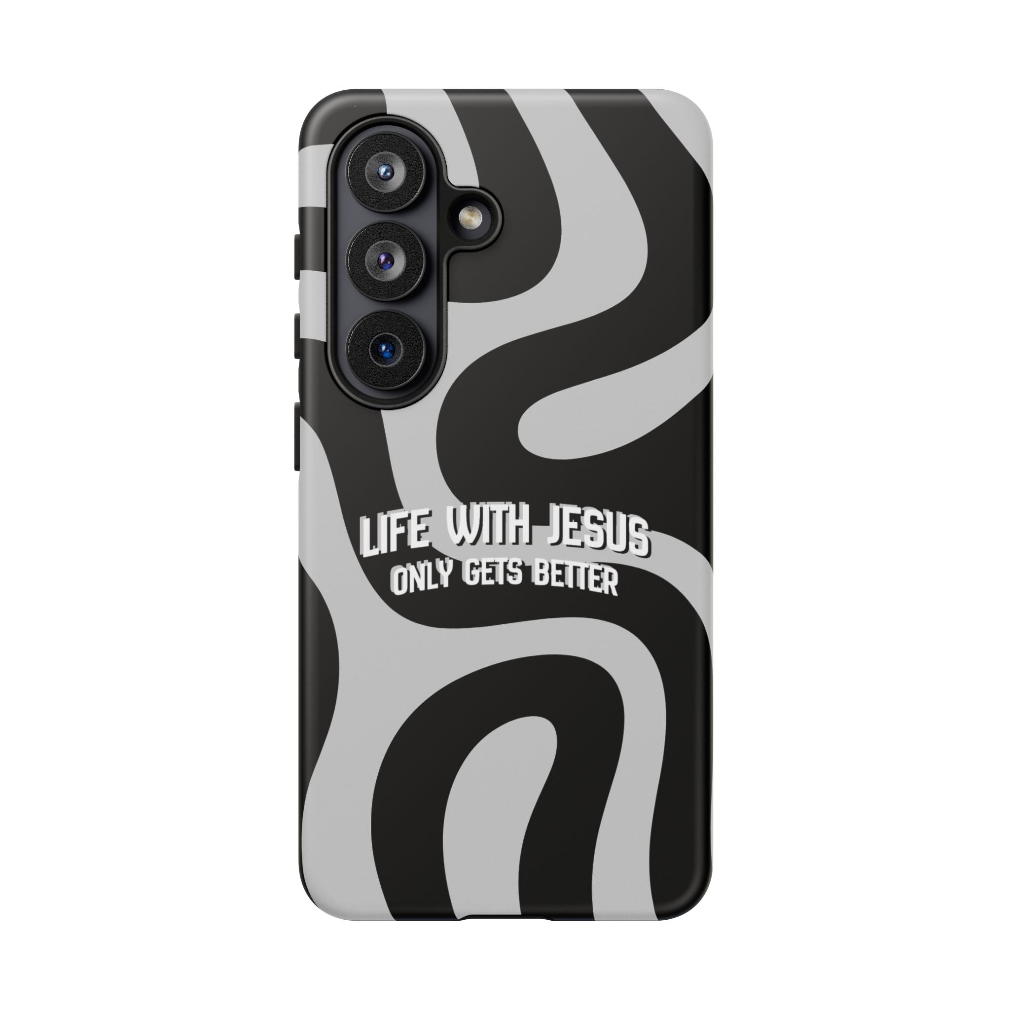 Christian iPhone Tough Case — "Life With Jesus Only Gets Better" Black & White Swirl Design