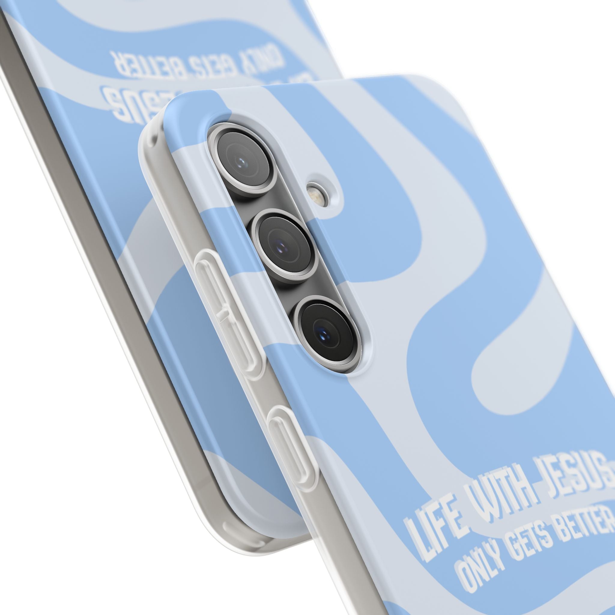 Phone Case — "Life With Jesus Only Gets Better" Blue Abstract Christian Flexi Case